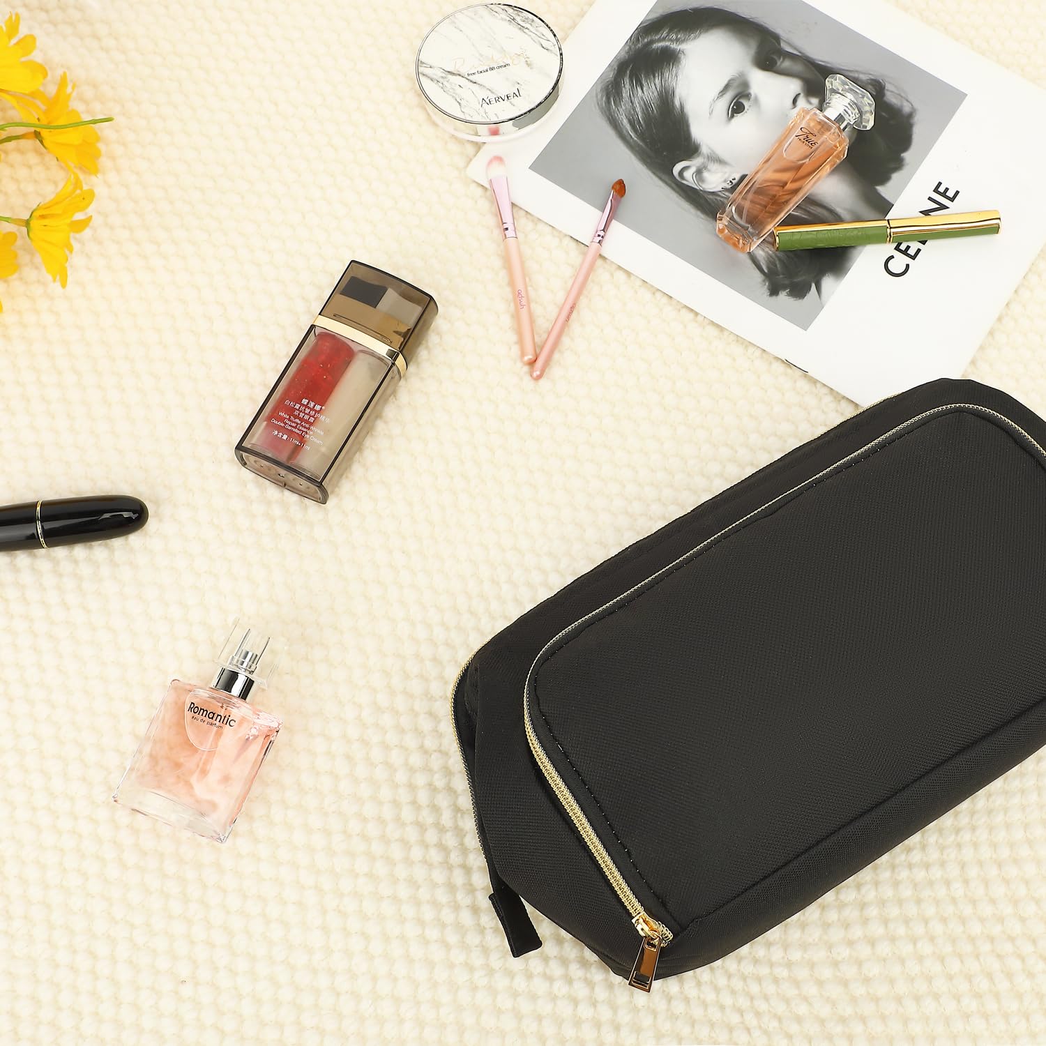 Travel Makeup Bag with Brushes Pocket - Large Cosmetic Organizer for Women | Perfect for Travel & Skincare Storage