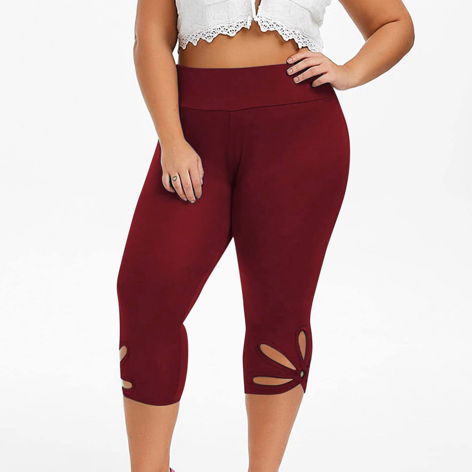 Women's Plus Size Capri Leggings - Stretchy Slimming Yoga Pants with Hollow Out Design for Workout & Summer 2024 | Perfect for Gym, Running & Casual Wear