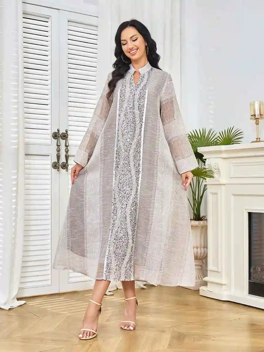 Elegant Eid Sequins Mesh Caftan Dress for Women - Party & Wedding Guest Outfit - Plus Size Boho Maxi Kaftan #25396 | Perfect for Holiday Celebrations, Bridal Showers & Special Occasions