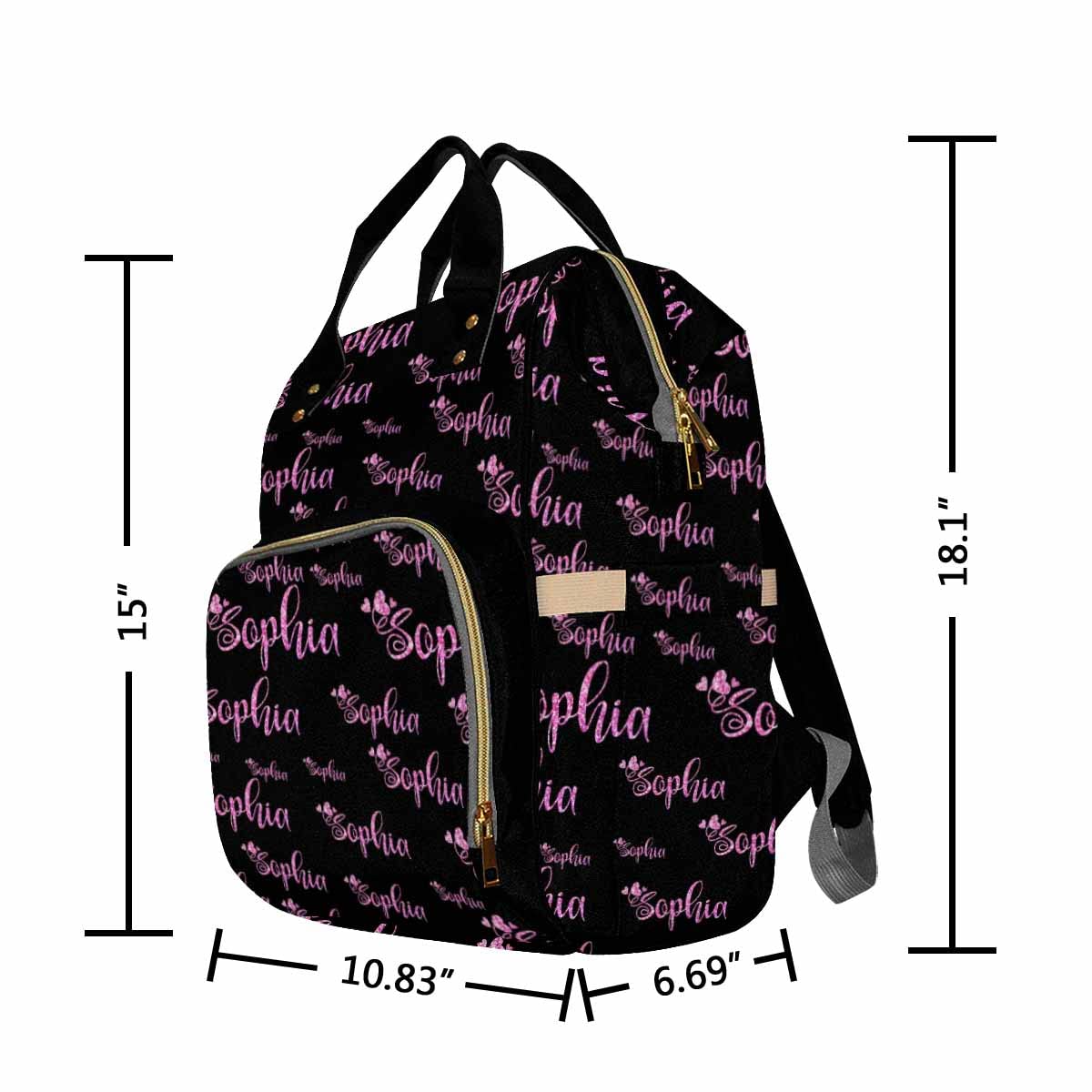 Custom Personalized Diaper Backpack with Name Embroidery - Pink Sparkle Text on Black Baby Nappy Bag for Moms & Dads | Multifunctional Travel Backpack, Daypack & Shoulder Bag for Parenting, Outings & Family Trips