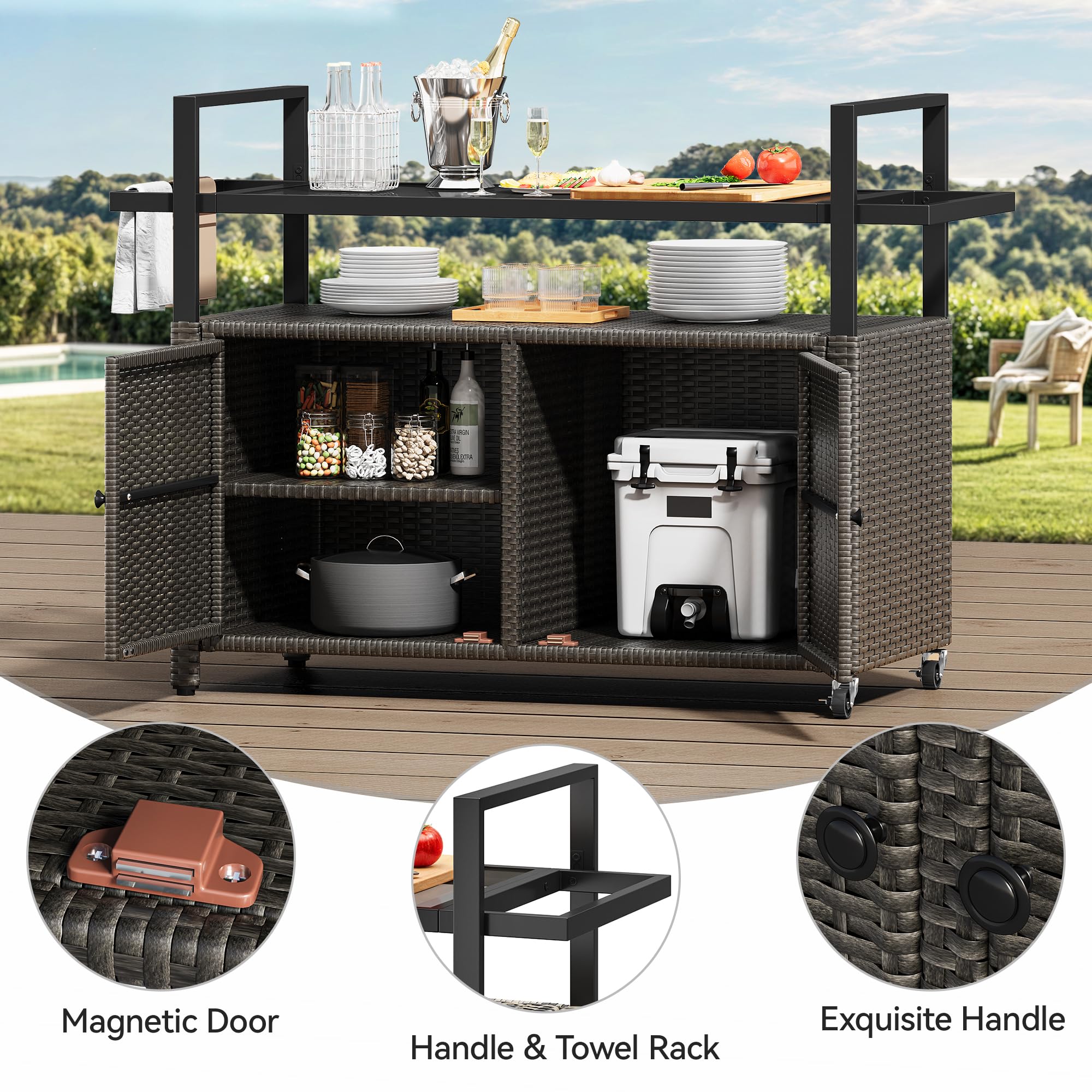 YITAHOME XL Outdoor Storage Cabinet with Wheels & Black Glass Top - Waterproof Patio Furniture for Poolside, Backyard, Garden - Dark Brown Storage Cart for Organizing Cushions, Towels & Outdoor Accessories