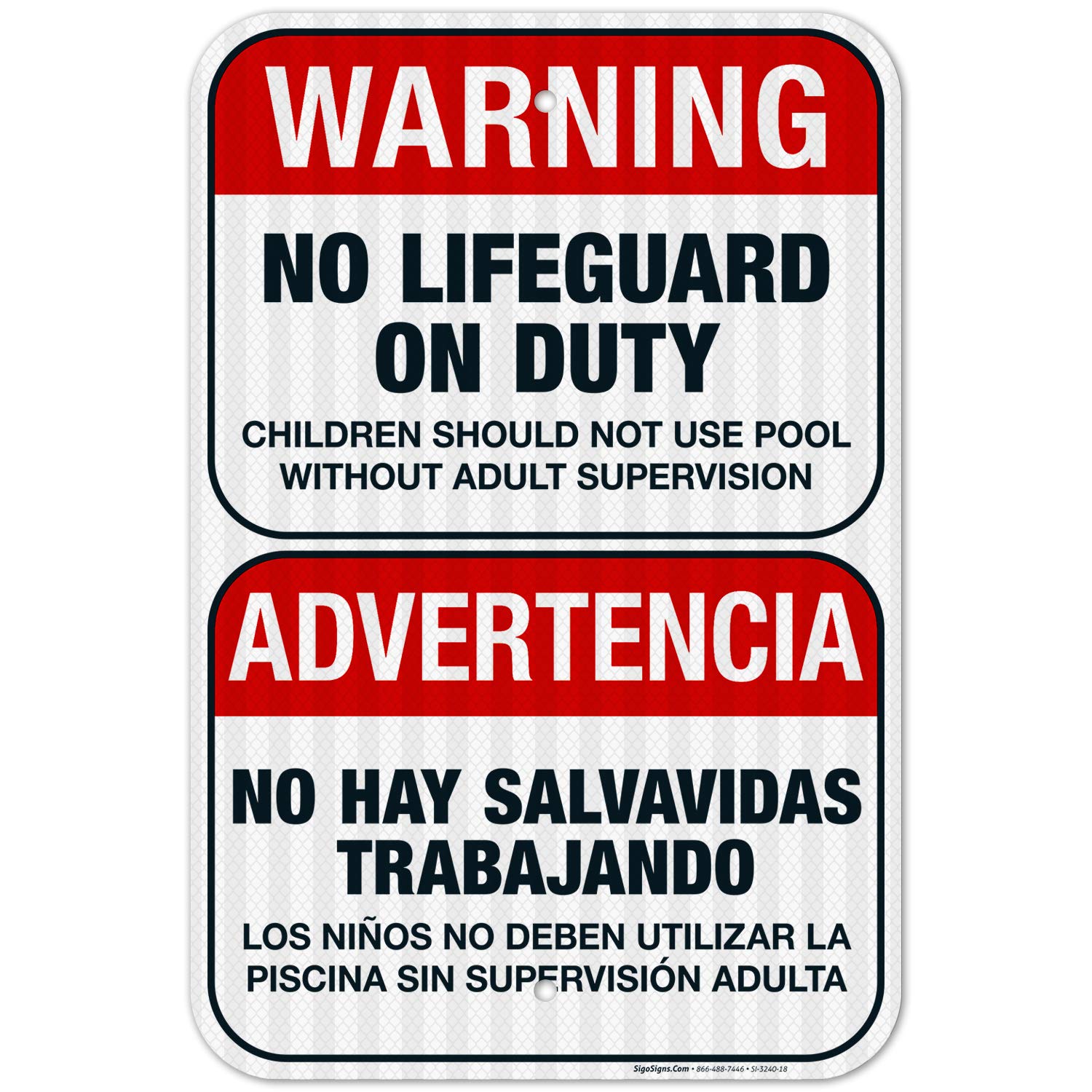 Bilingual No Lifeguard On Duty Sign - Spanish/English 12x18 Inch | 3M EGP Reflective .063 Aluminum | Fade Resistant & Easy Mounting | Indoor/Outdoor Safety Sign | Made in USA | Perfect for Pools, Beaches & Water Parks