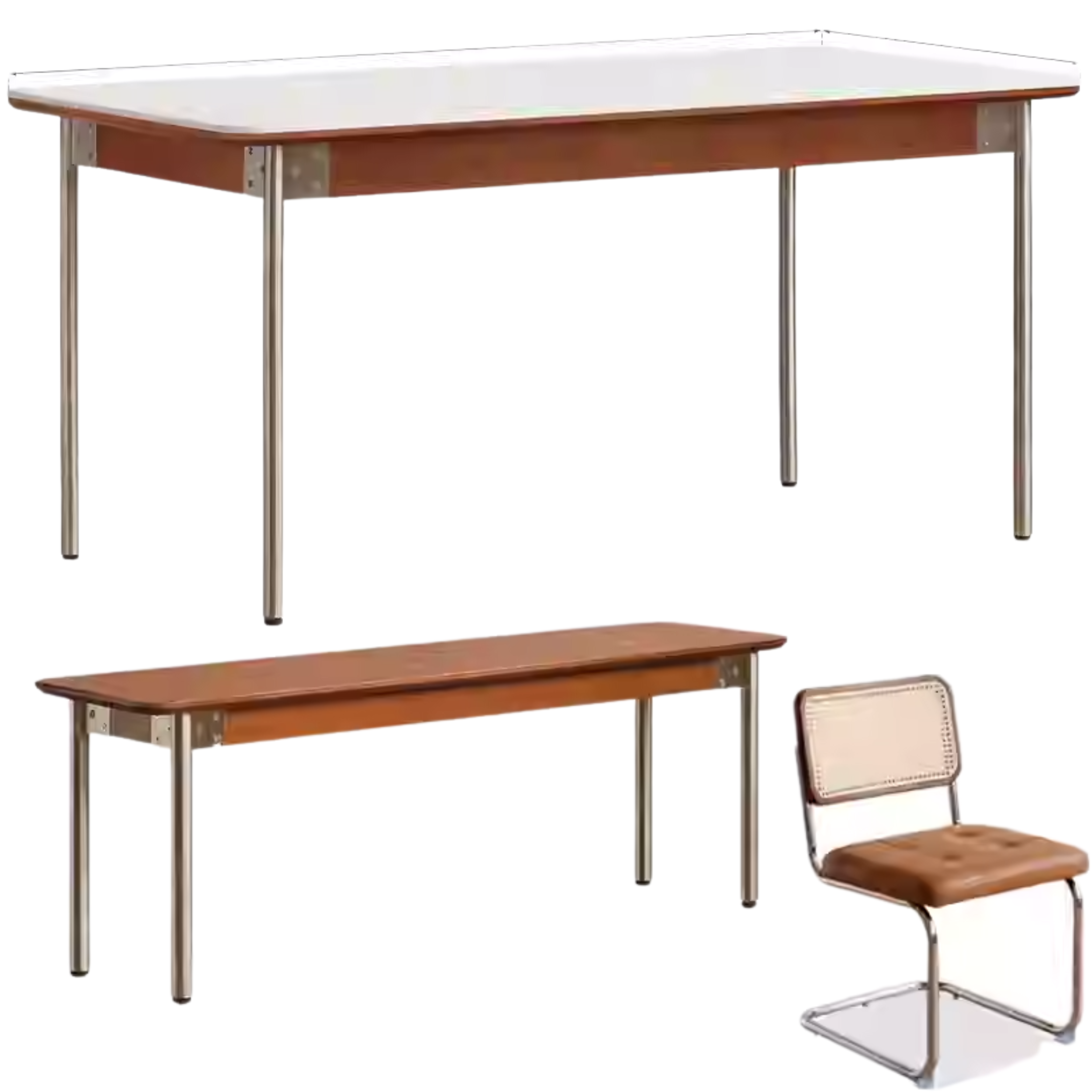 62.9x31.5x29.9 inch /  160.4x80x75 сm /Teak Color/ Ivory white rock board table and two chairs in sunset orange color and bench (55.1 inch/ 140 cm)