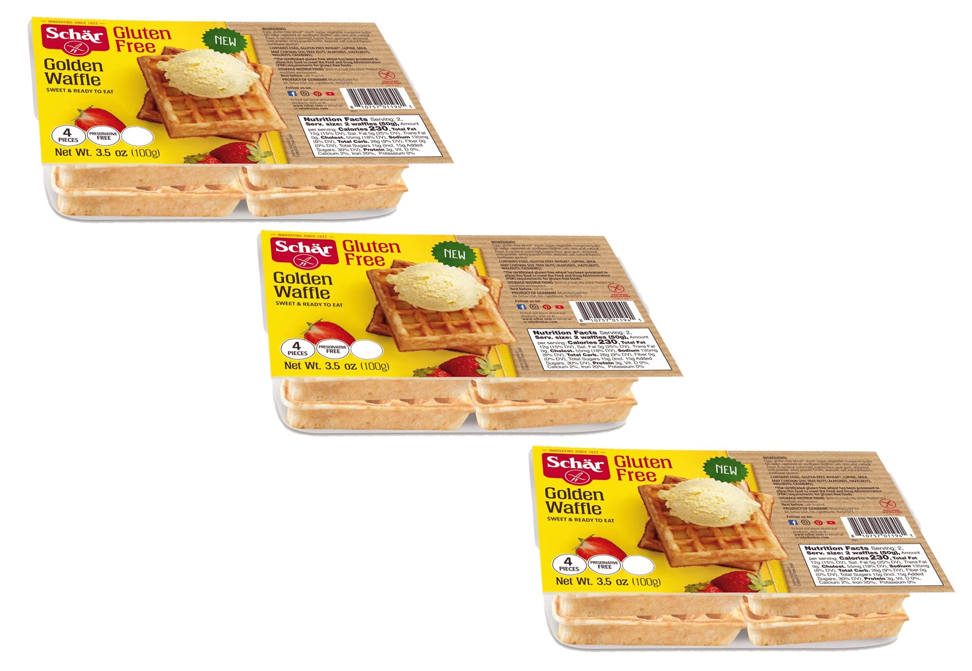 Schar Gluten Free Golden Waffles - 4 Pack (12 Waffles Total) | Crispy & Delicious Breakfast Waffles for Gluten-Free Diet | Perfect for Toaster, Quick Breakfast & Family Meals