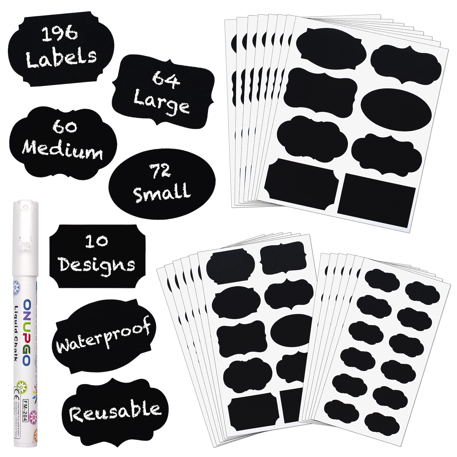 ONUPGO Reusable Chalkboard Labels Stickers Bulk Pack - 196 Erasable Chalk Marker Labels for Jars, Containers & Glass - Waterproof Removable Blackboard Stickers for Pantry, Kitchen & Office Organization | Perfect for Mason Jars, Spice Containers & Storage Bins