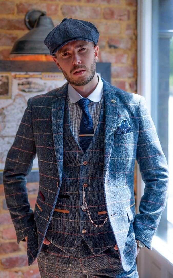 Marc Darcy Eton Navy Blue Tweed Check 3-Piece Suit for Men | Classic British Style Formal Wear | Perfect for Weddings, Business Meetings & Special Occasions