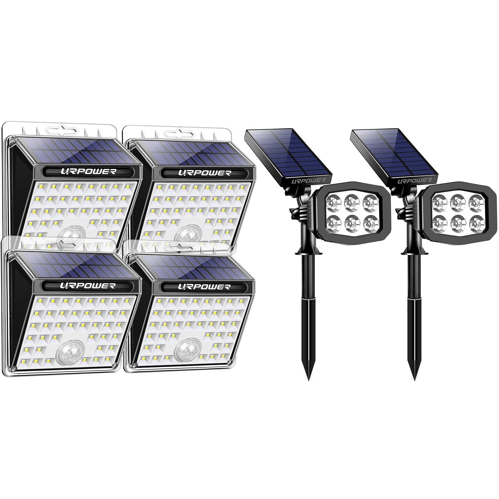 URPOWER Upgraded 6LED Solar Spotlights & 40LED Motion Sensor Flood Lights - 2-in-1 Waterproof Outdoor Solar Wall Lights with Auto On/Off (2 Pack + 4 Pack) | Perfect for Garden, Pathway, Driveway, and Home Security Lighting