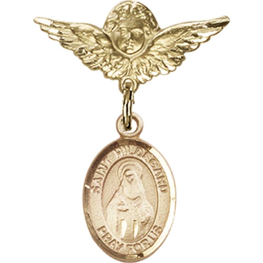 Gold Filled Baby Badge with St. Hildegard Von Bingen Charm & Angel Wing Pin - 1 x 3/4 Inch - Religious Jewelry for Baptism, Christening & First Communion Gifts