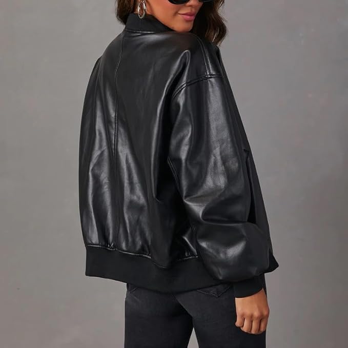 **Women's Oversized Lambskin Leather Jacket – Genuine Cafe Racer Varsity Style Biker Jacket – Perfect for Motorcycle Riding, Casual Outfits & Streetwear Fashion**