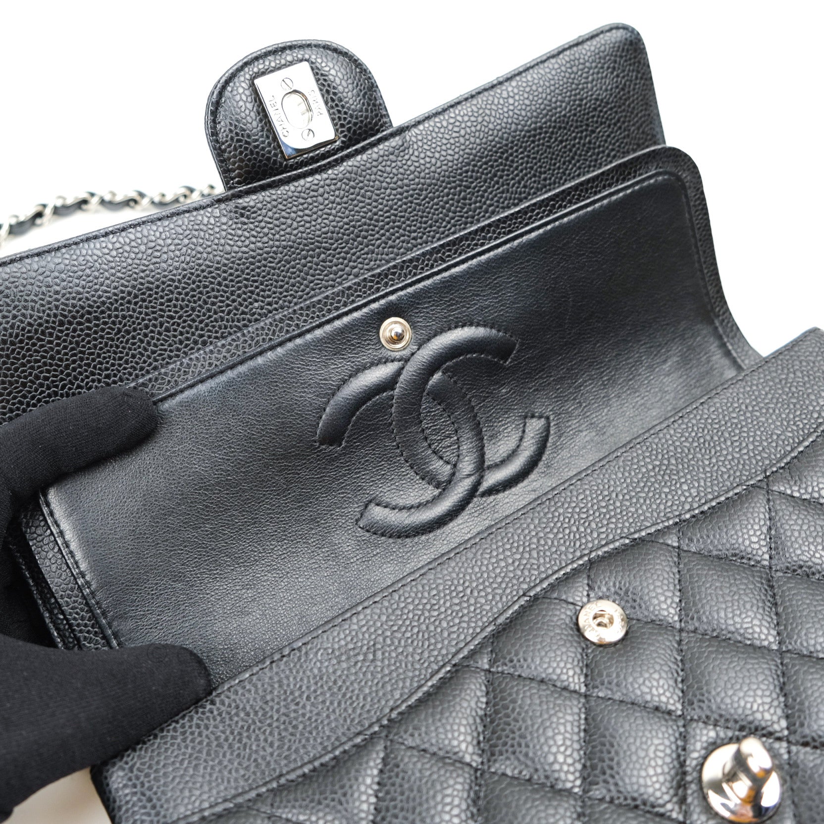 Chanel Classic Double Flap M/L Black Caviar Leather Bag with Silver Hardware - Luxury Designer Handbag for Women, Perfect for Work, Evening & Special Occasions