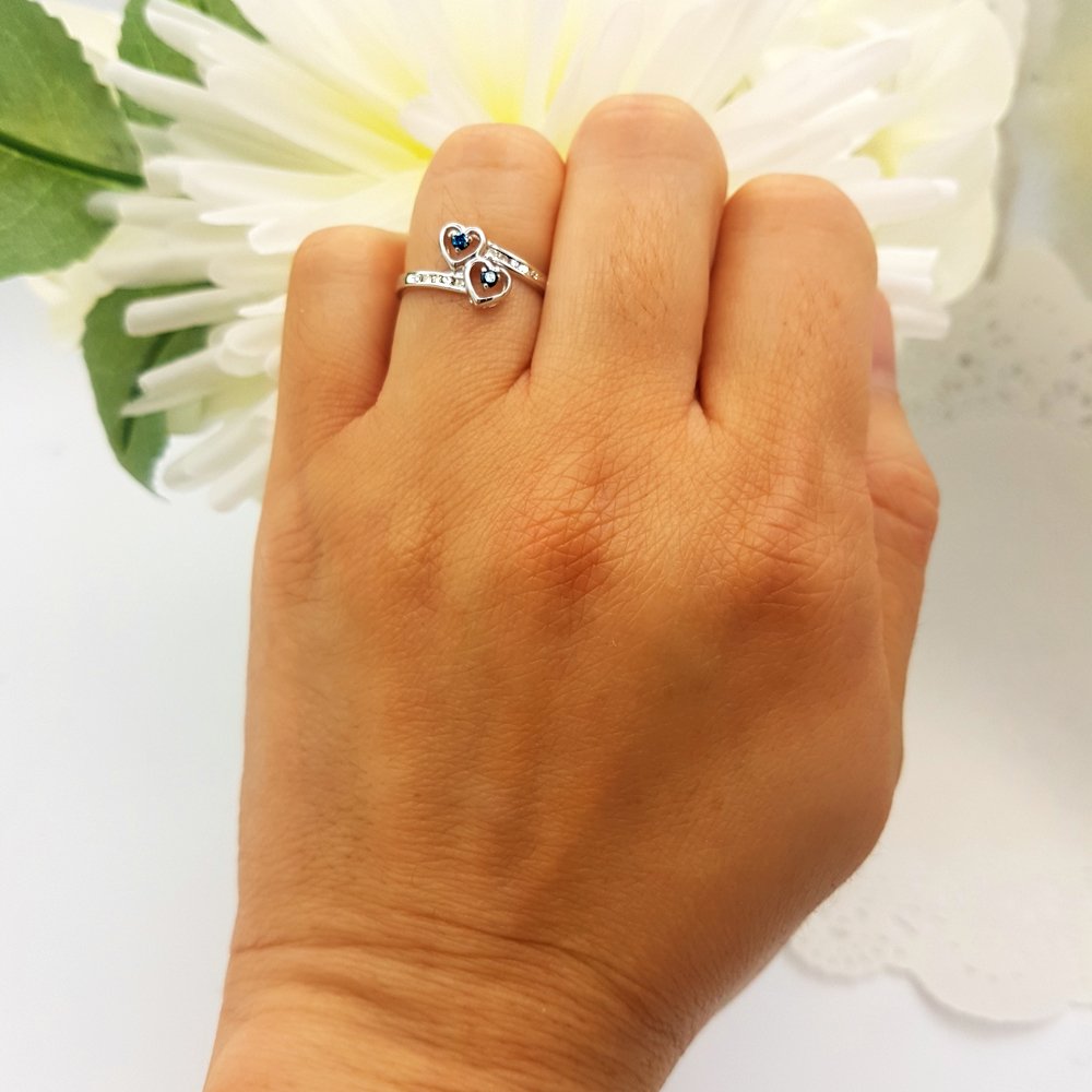 0.15ctw Blue & White Diamond Double Heart Promise Ring for Women - Sterling Silver Bridal Jewelry - Perfect for Engagement, Anniversary & Romantic Gifts