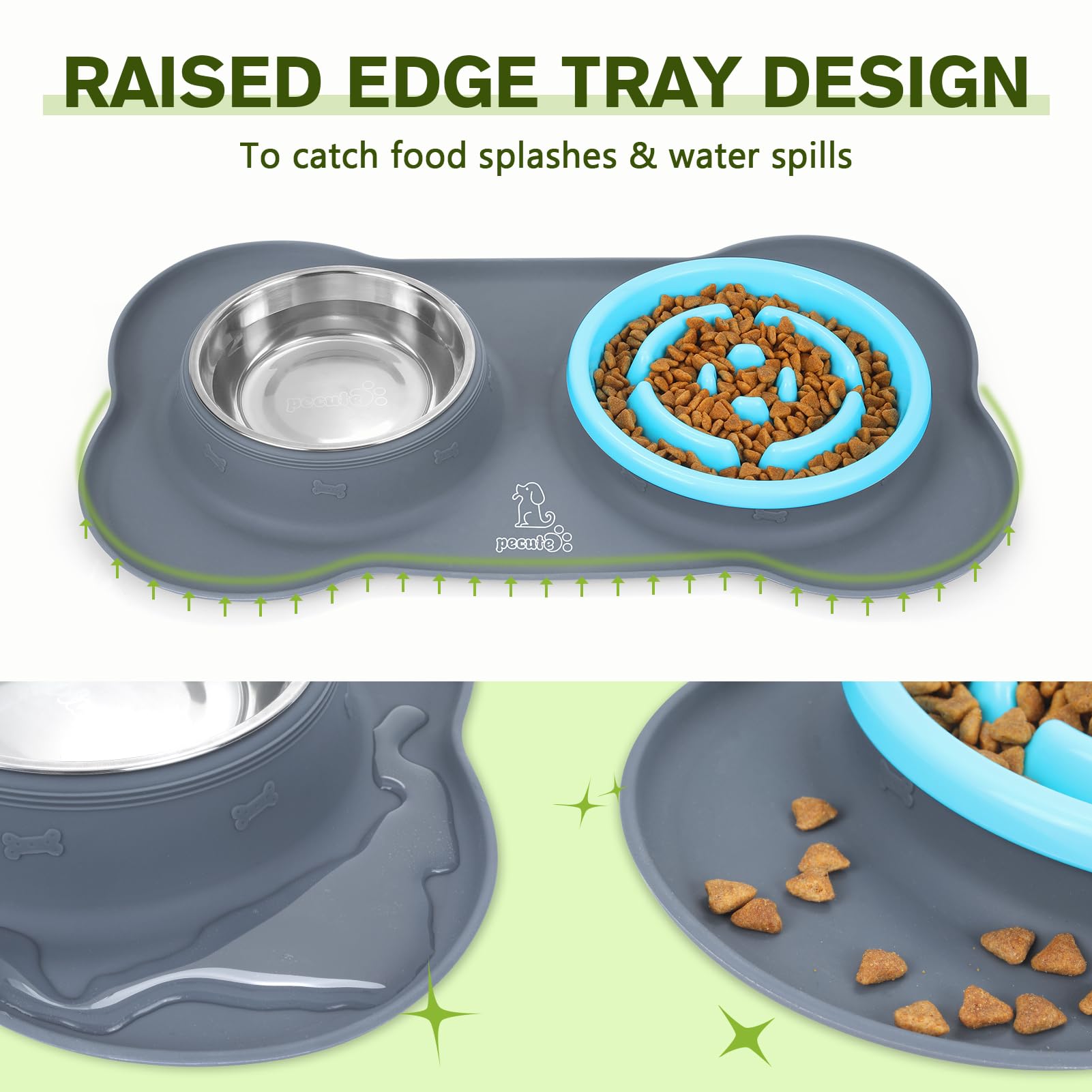 Pecute Slow Feeder Dog Bowl - Non-Spill Non-Skid Silicone Mat, Food-Grade Stainless Steel Pet Bowl for Dogs & Cats - Perfect for Fast Eaters & Messy Drinkers at Home or Travel