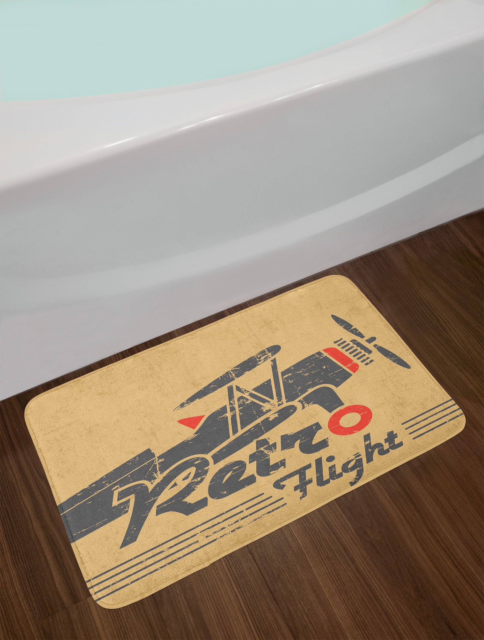 Ambesonne Vintage Airplane Bath Mat - Retro Flight Emblem & Stripes Design, Non-Slip Plush Bathroom Rug 30x20 Inches, Sand Brown Vermilion - Perfect for Aviation-Themed Bathrooms & Kids' Rooms