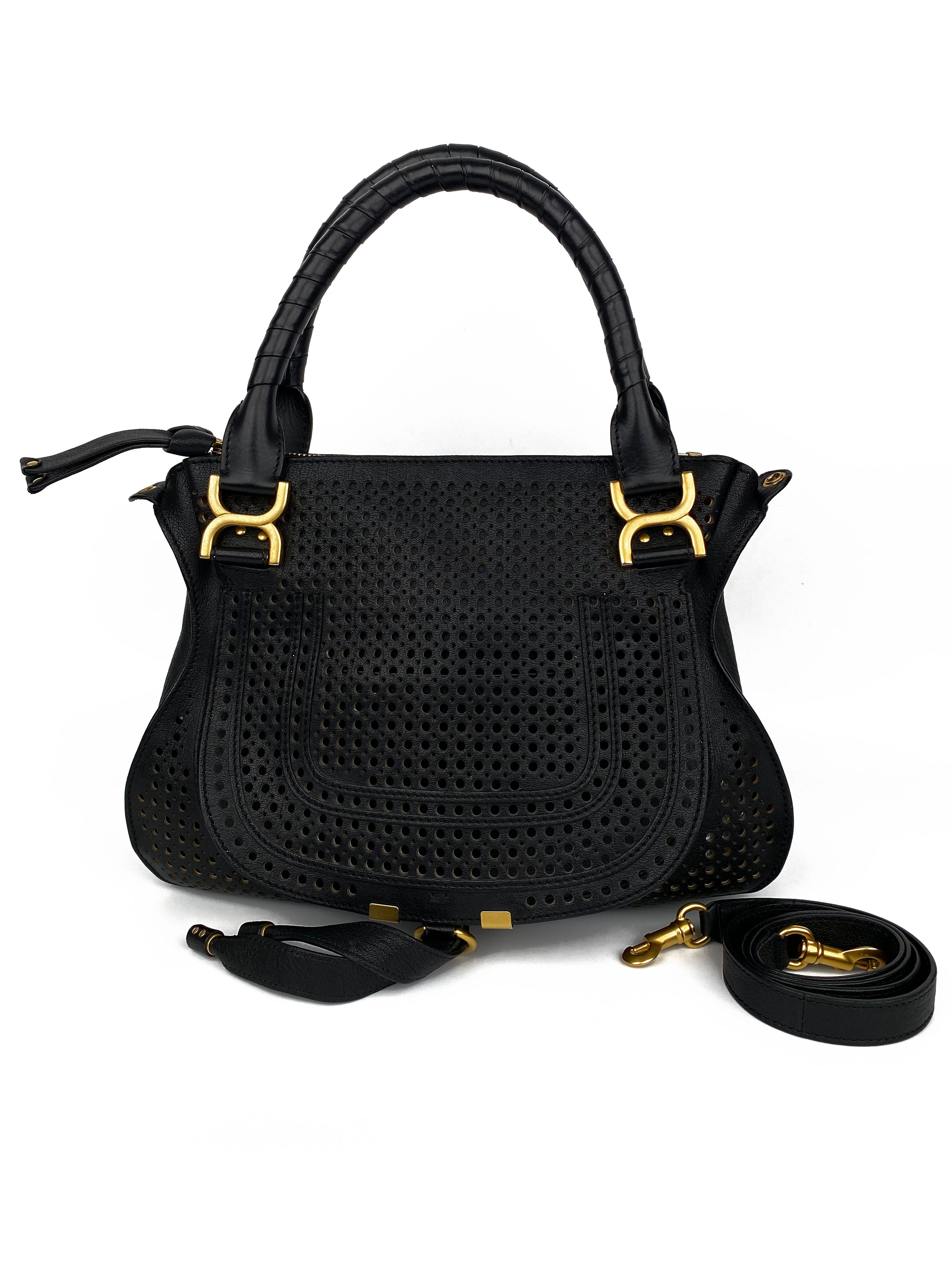 Chloe Black Marcie Perforated Leather Tote Bag for Women - Stylish Designer Handbag for Work, Travel & Everyday Use