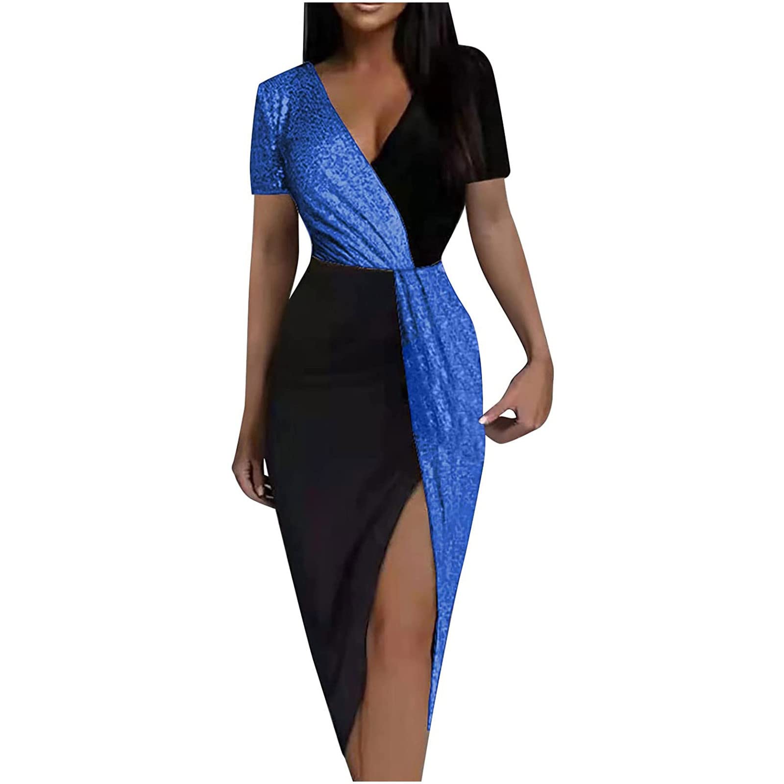 Women's Colorblock Sequins Bodycon Dress - Short Sleeve V-Neck T-Shirt Style Midi Dress with Side Split for Evening Party, Club, Cocktail & Special Occasions