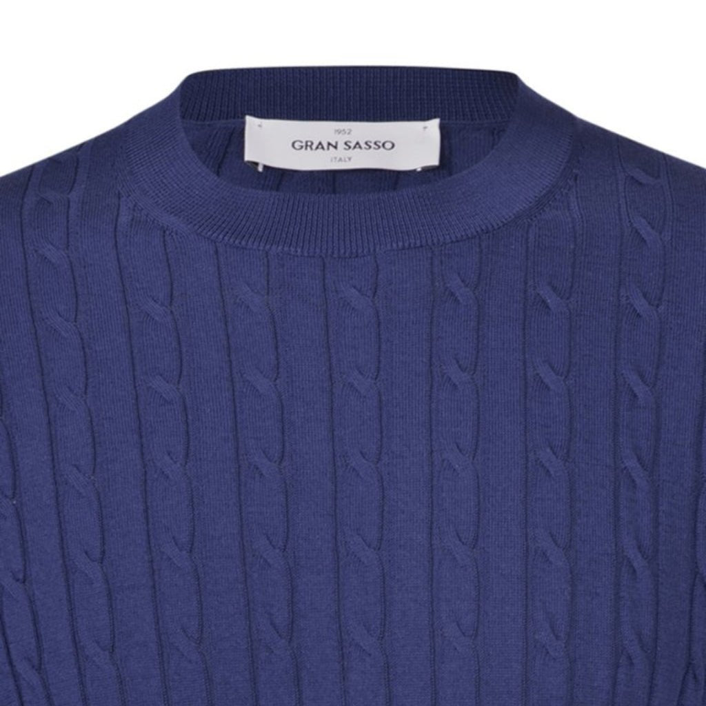 GRAN SASSO Cotton Cable Knit T-Shirt for Men - Soft Breathable Navy Blue Crew Neck Tee - Perfect for Casual Wear, Layering & Everyday Outfits