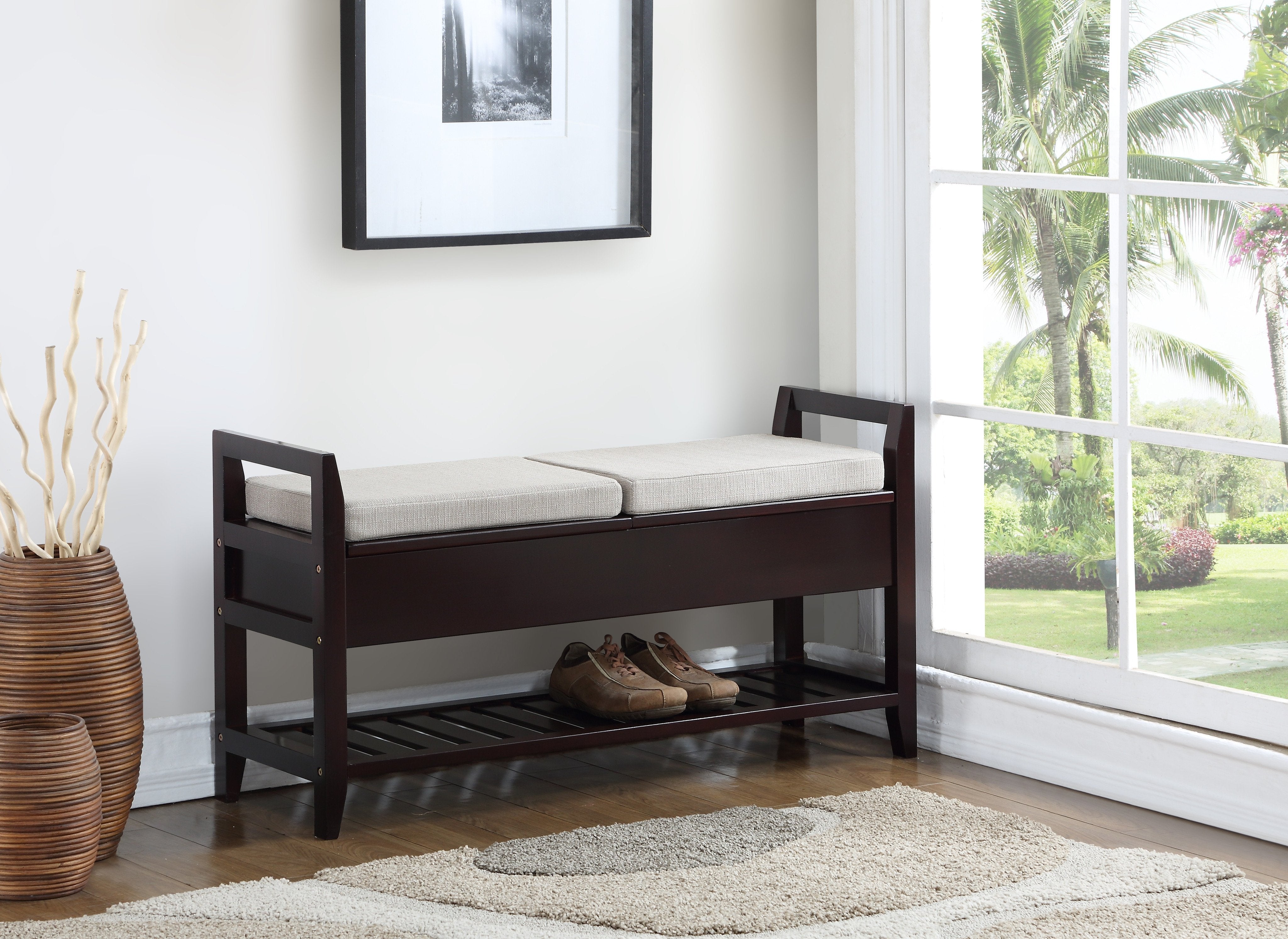 Roundhill Furniture Vannes Storage Shoe Bench - Espresso Brown Entryway Organizer with Seat | Perfect for Mudroom, Hallway & Closet Shoe Storage Organization