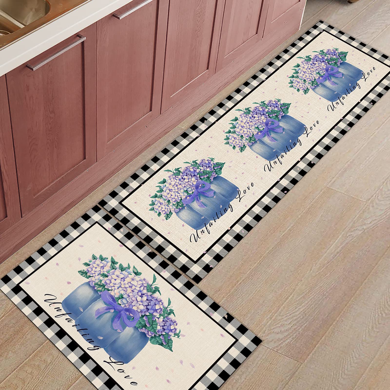 Vintage Hydrangea in Glass Vase - Set of 2 Washable Non-Slip Kitchen Rugs with Rubber Backing, Classic Retro Tartan Plaid Floor Mats for Indoor Use - Perfect for Kitchen, Entryway, and Living Room Decor