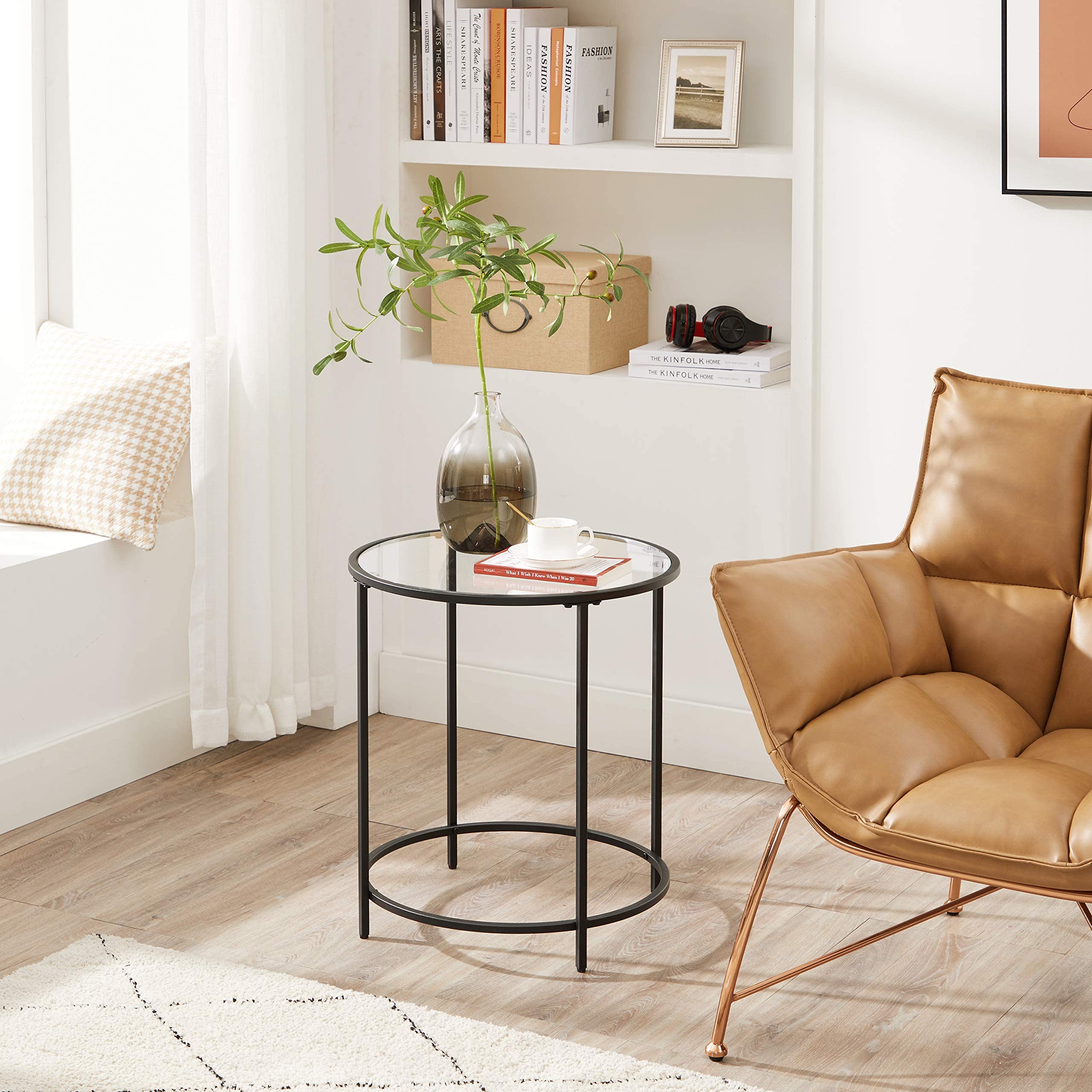 VASAGLE Modern Round Glass Side Table with Sturdy Metal Frame - Black End Table for Living Room, Bedroom, Balcony | Perfect Coffee Table for Small Spaces, Reading Nook & Home Decor