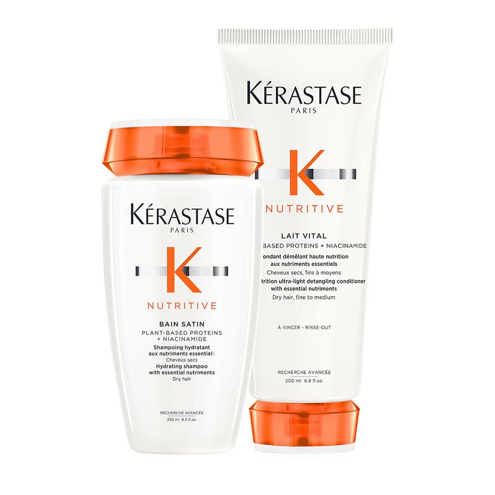 Kerastase Nutritive Shampoo & Conditioner Set for Dry Thin Hair - Niacinamide Infused Hydrating Shampoo & Ultra-Light Conditioner Duo - Daily Hair Care Routine for Damaged & Nutrient-Deficient Hair - Perfect for Home & Salon Use