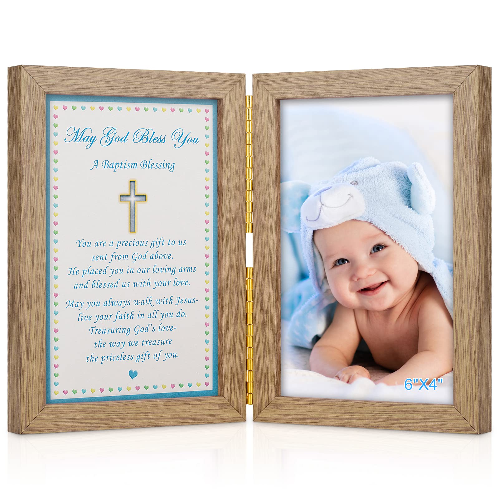 Yakucho Baptism Gifts for Boys - Baby Boy Christening Picture Frame with Blessing Card, Holds 4x6 Inch Photo, Double Frame Keepsake for Baptism Ceremony - Perfect for Baby's First Holy Sacrament, Church Celebrations & Family Memory Preservation