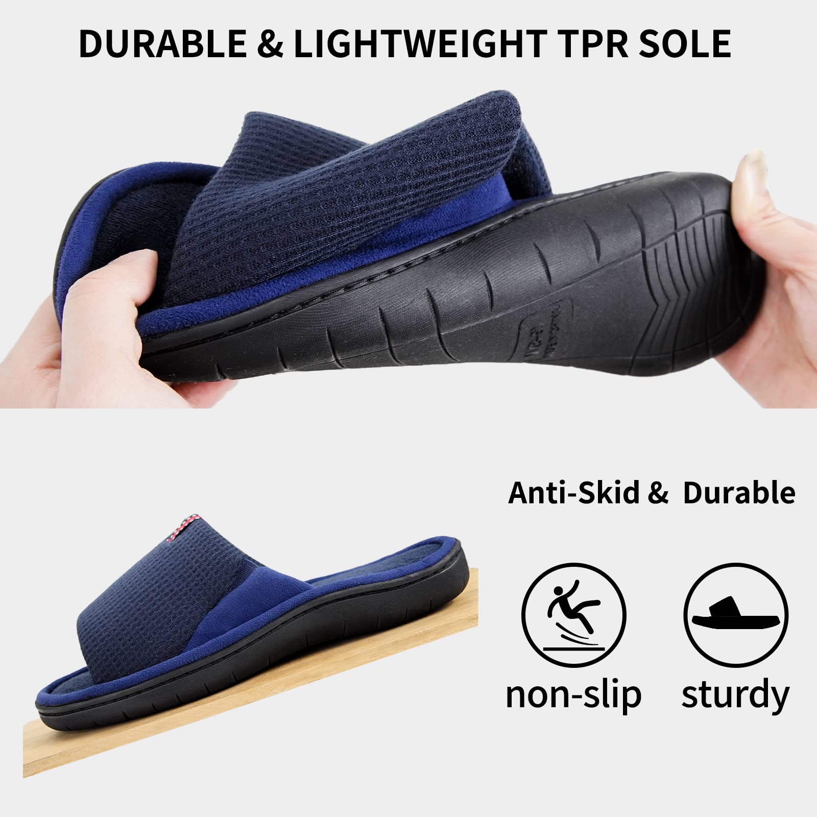 WALKFUN Men's Lightweight Open-Toe Memory Foam House Slippers - Soft Indoor Slides & Sandals for Bedroom, Patio - All-Season Comfort for Relaxation at Home