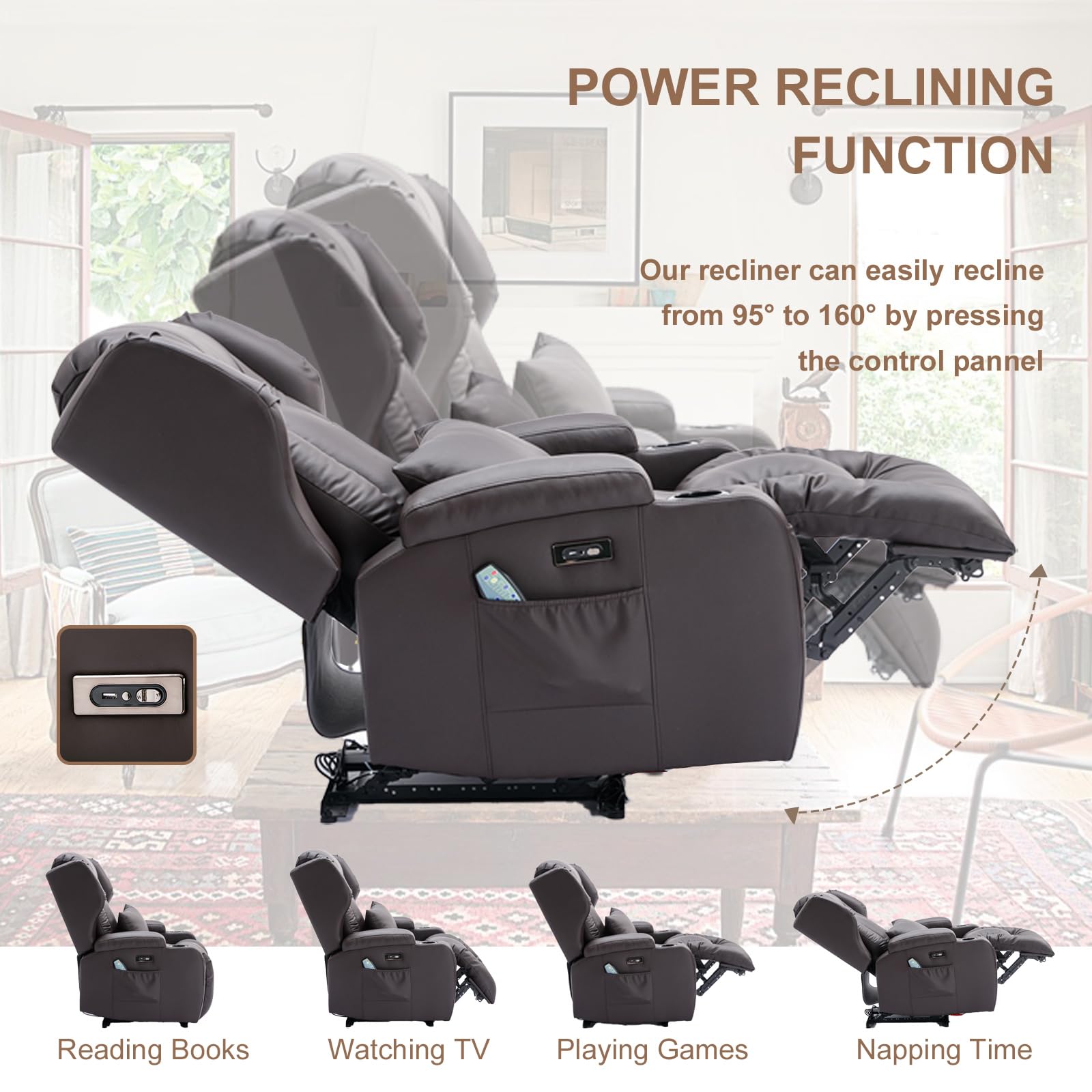 BINGTOO Electric Power Recliner Chair with Massage & Heat - Ergonomic Wingback Recliner for Adults, Living Room Lounge Sofa with LED Light, Cup Holders & USB Ports - Perfect for Home Theater, Gaming & Relaxation