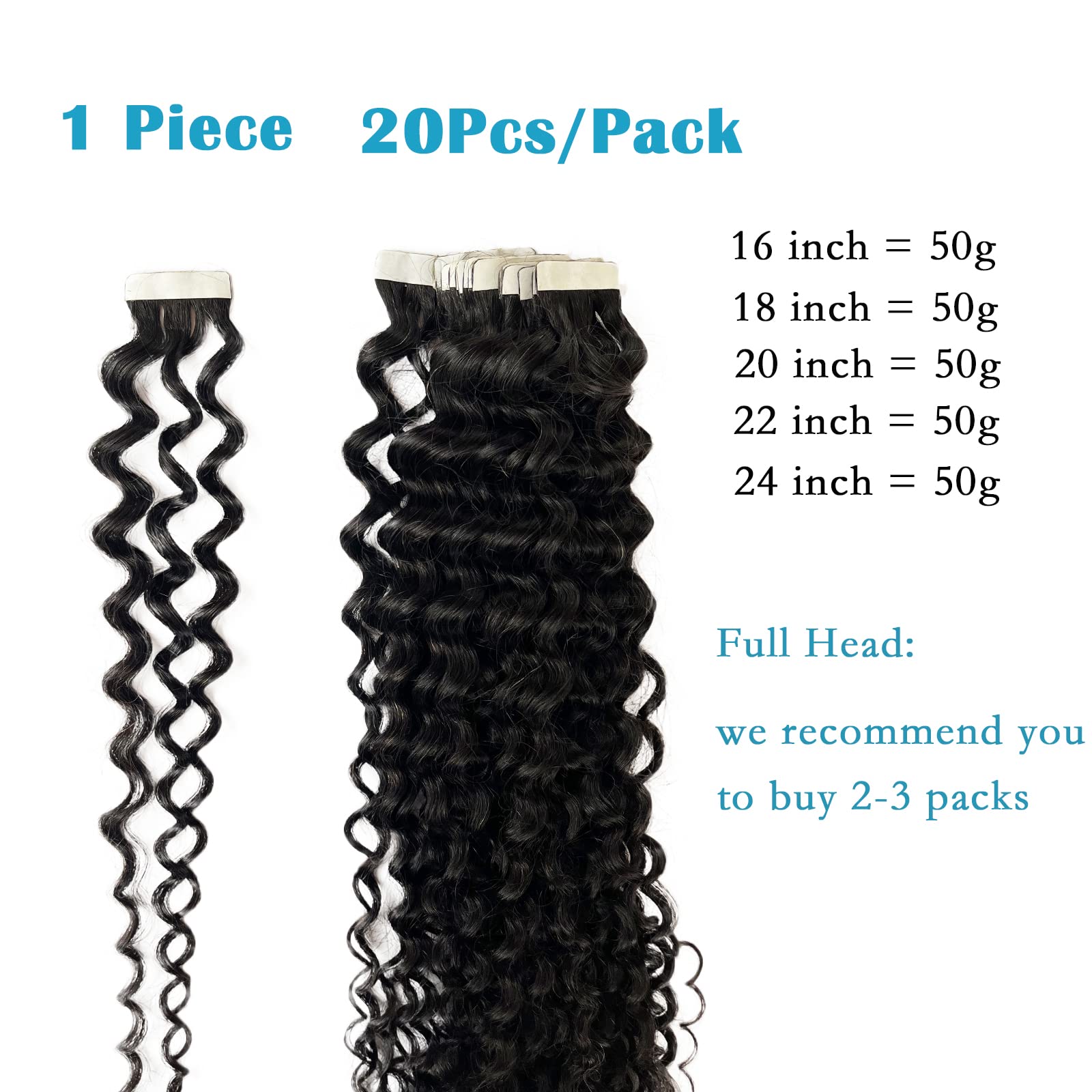Munx 22inch Black Tape in Hair Extensions - 50g 20pcs Natural Curly Human Hair Weft - Remy Quality Black Wave Hair Extensions for Length & Volume - Perfect for Parties, Weddings & Daily Styling