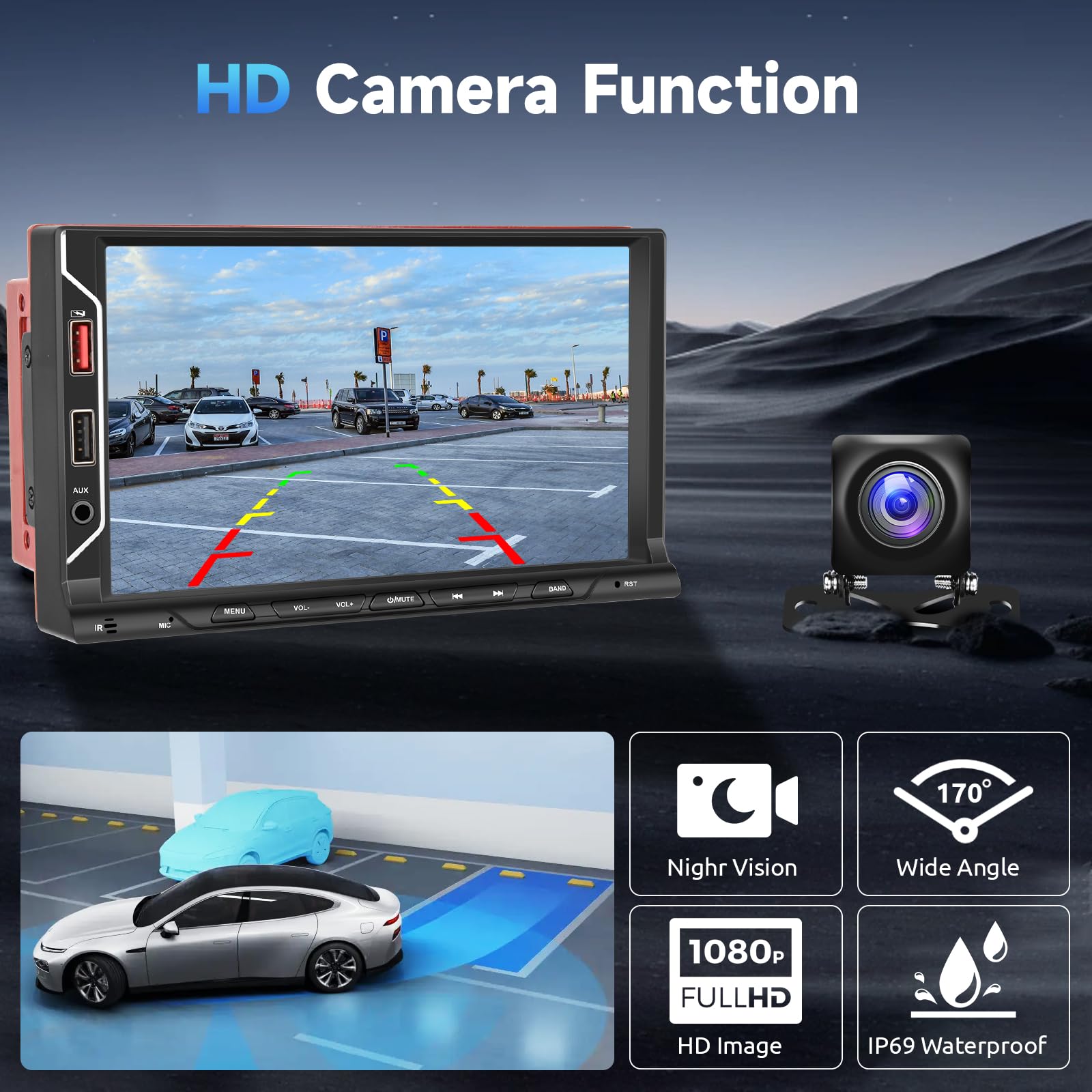 Podofo 7-inch Wireless CarPlay & Android Auto Double Din Car Stereo - Bluetooth 5.1 Touch Screen Car Radio with FM, USB, AUX, TF Card & Rear View Camera - Universal Car Multimedia Player for Road Trips & Daily Commuting