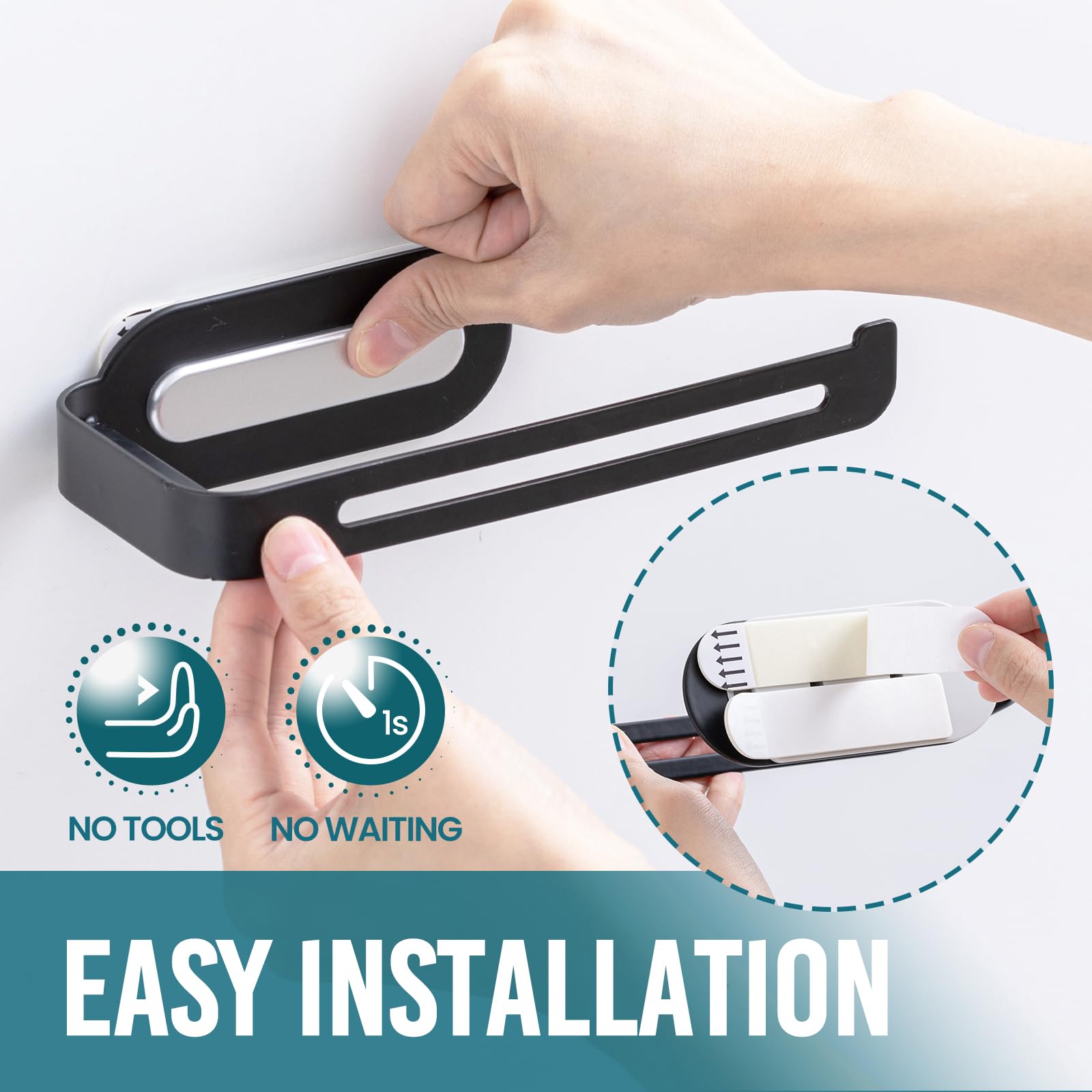 TAILI No Drill Self Adhesive Toilet Paper Holder - Matte Black Stainless Steel Wall Mount Bathroom Organizer for Home, RV & Kitchen | Space-Saving Bathroom Storage Solution