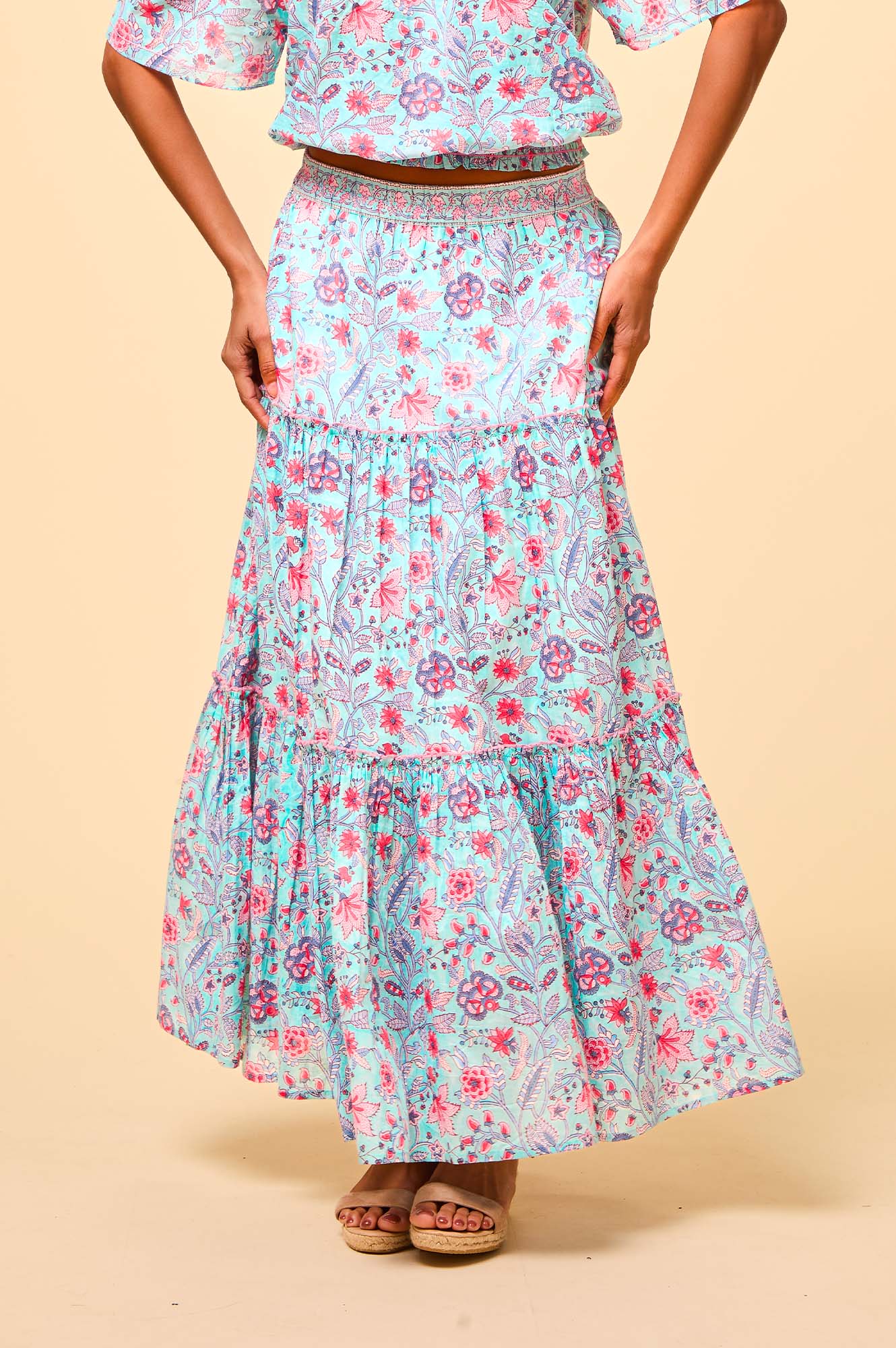Becks Organic Cotton Block Print Skirt - Handmade Floral Maxi Skirt for Women | Gardenia Blue/Red | Perfect for Boho Beach, Summer Vacations & Music Festivals