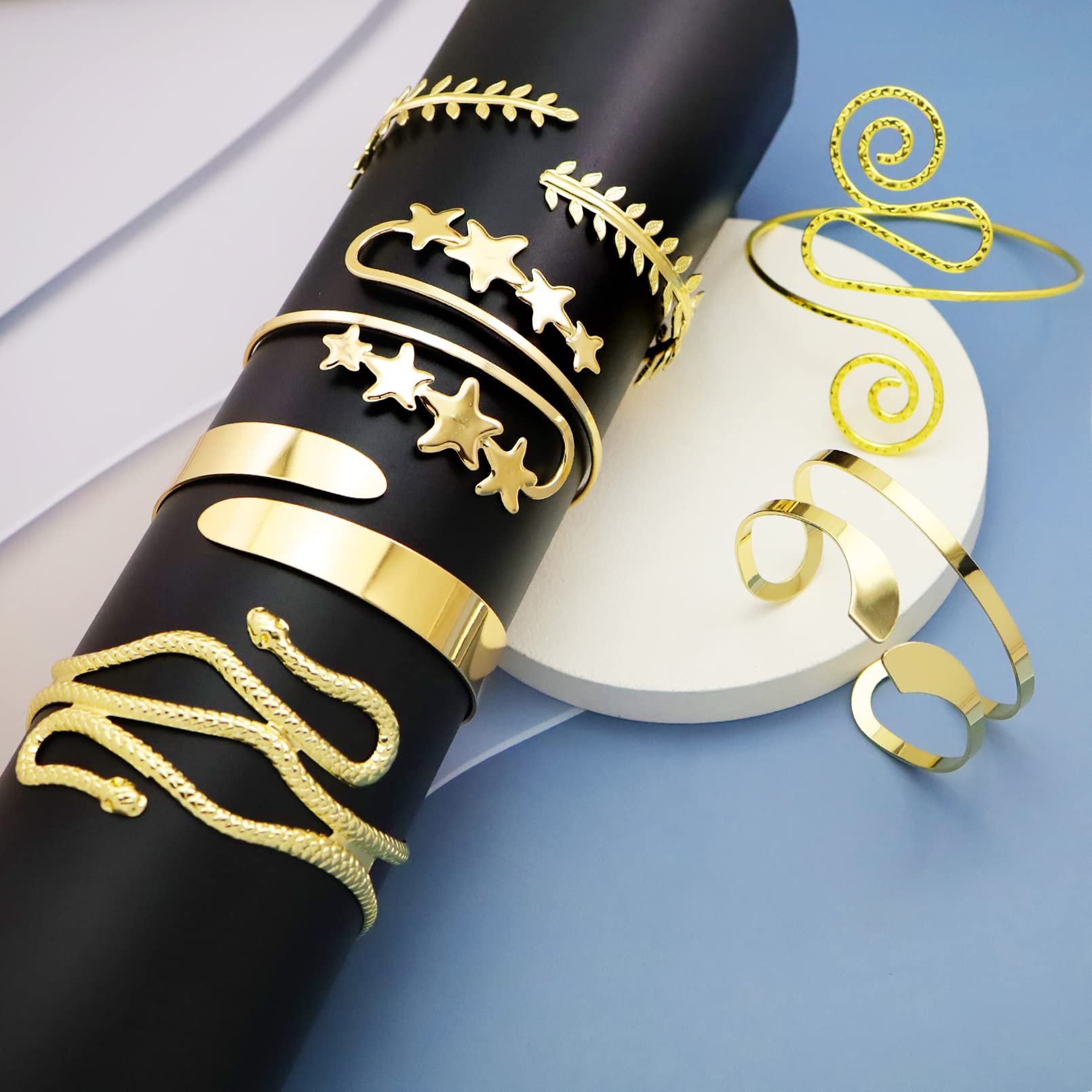 RechicGu 6-Piece Adjustable Gold Leaf Arm Cuff Bracelet Set for Women - Stylish Arm Bands & Bangle Jewelry for Summer, Beach, Boho Fashion & Festival Outfits