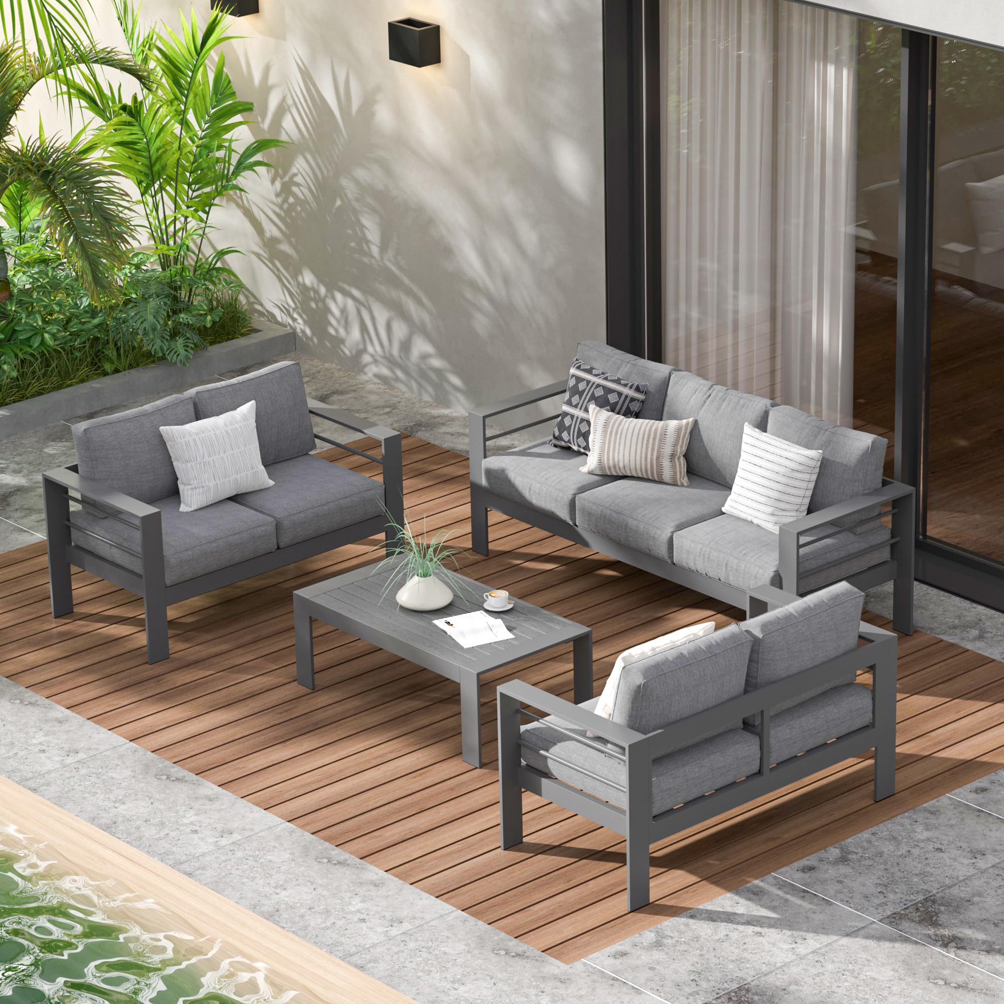 Modern Wisteria Lane Aluminum Outdoor Patio Furniture Set - 5-Piece Dark Grey Metal Sectional Sofa with Cushions & Coffee Table for Balcony, Garden, Poolside & Backyard Relaxation