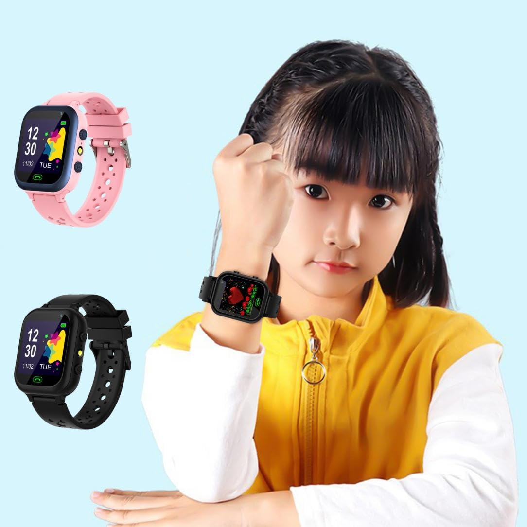 **Kids Smart Watch for Boys & Girls Ages 3-12 - Waterproof GPS Tracker, HD Touchscreen, Video Camera, Games, Music Player, Call Function, 12/24H Clock, Flashlight & Calculator - Perfect for School, Outdoor Play & Safety (Pink)**