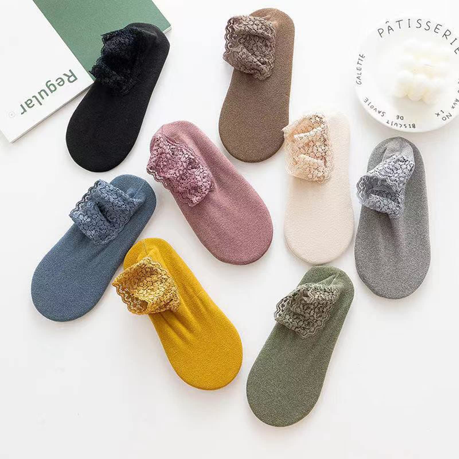 Women's Lace Ankle Socks - 8 Pairs Soft Knit Cotton Ruffled Socks, Warm Non-Slip Thick Lace Socks for Everyday Wear, Home, Office & Gifts