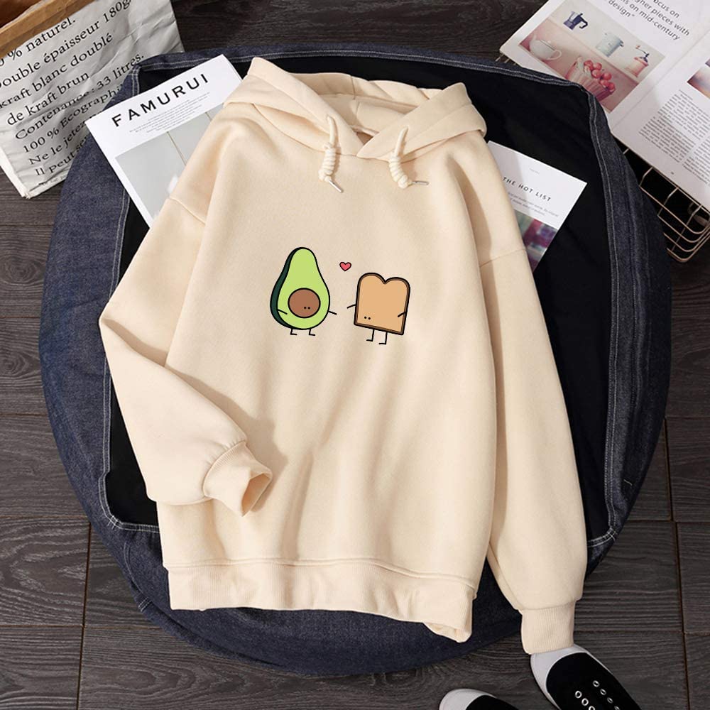 KEEVICI Women's Vegan Avocado Bread Print Hoodie - Cute Cartoon Pullover Sweatshirt for Casual Wear & Lounge