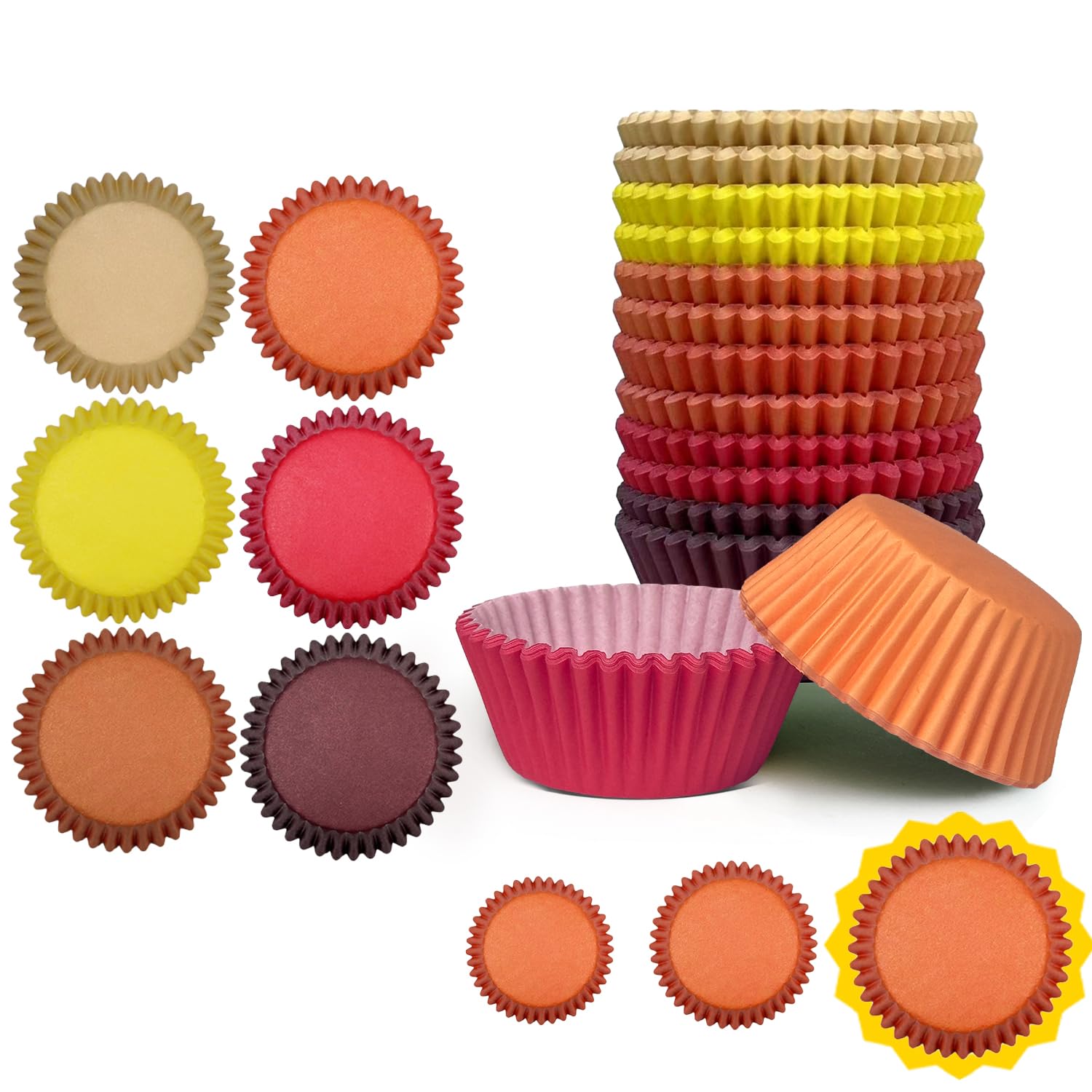 Qiqee Jumbo 300-Count Cupcake Liners - Food Grade Baking Cups in 6 Vibrant Colors (Yellow, Red) - Large Size Cupcake Wrappers for Parties, Weddings & Home Baking