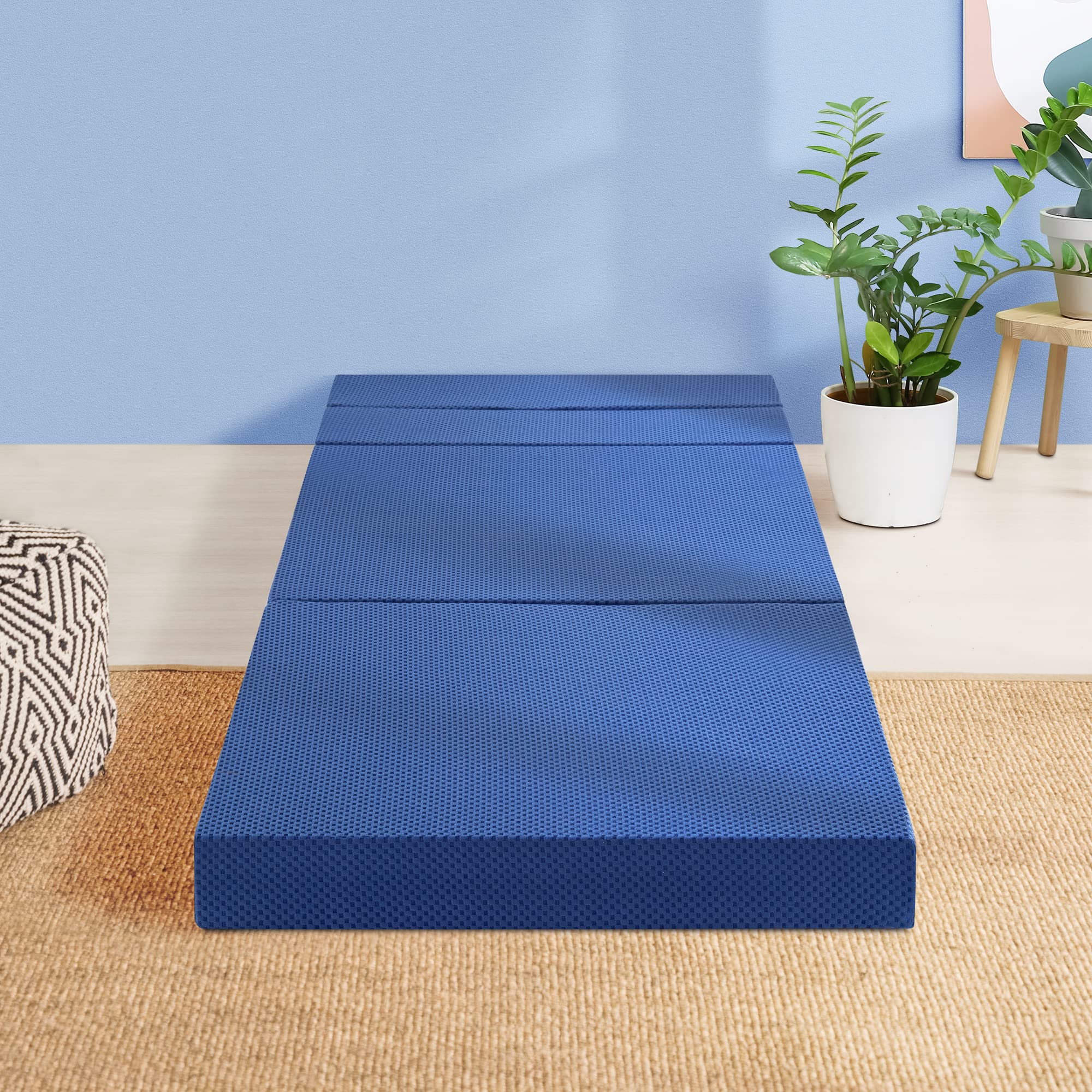 Olee Sleep 4 Inch Tri-Folding Memory Foam Mattress Topper with Gel Infusion - CertiPUR-US Certified, Washable Cover, Twin XL Size - Perfect for Camping, Guest Beds & Temporary Sleeping Solutions (Soft, Blue)