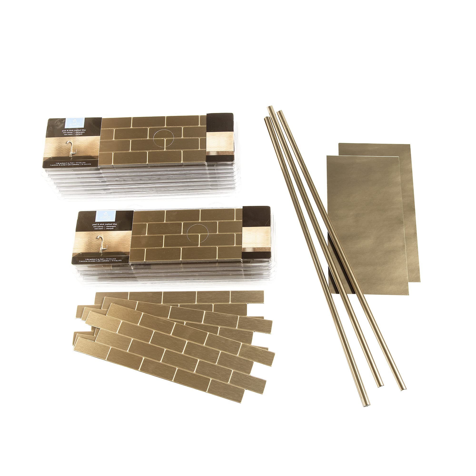 Premium Aspect Peel and Stick Backsplash - Champagne Matte Metal Subway Tiles (15 Sq Ft Kit) for Easy Kitchen & Bathroom Remodeling - DIY Home Upgrade for Backsplashes, Accent Walls & Renovation Projects