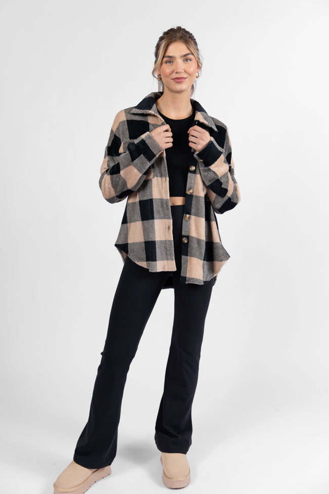 Wind Down Black and Tan Fleece Plaid Shacket - Cozy Overshirt for Men & Women | Perfect for Fall & Winter Layering, Outdoor Adventures & Casual Wear | FINAL SALE