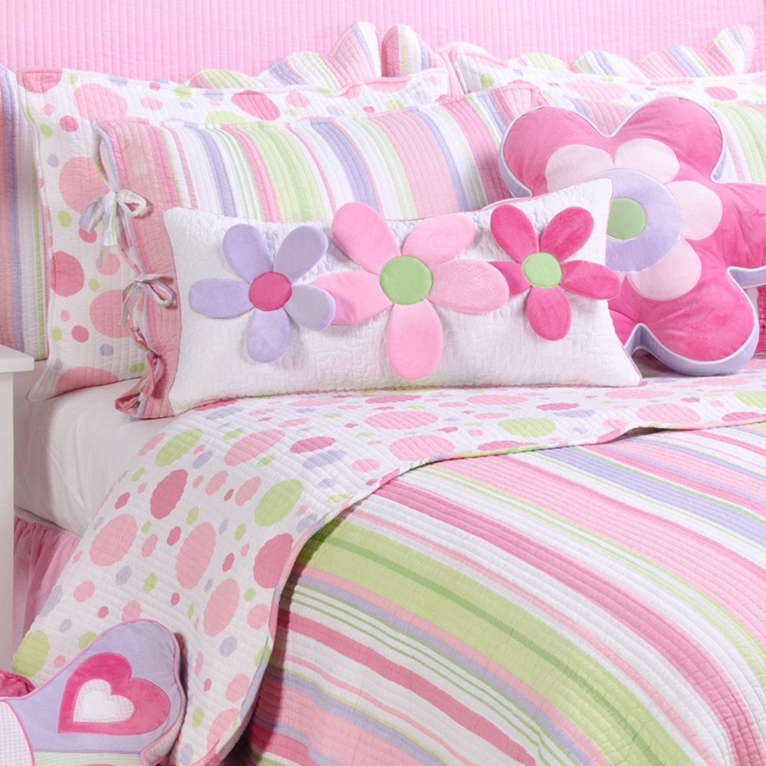 Levtex Home Merrill Reversible Cotton Quilt Set for Kids - Twin/Twin XL Size (66x86in) with Standard Sham (20x26in) - Pink, Green & Purple Striped Design - Perfect for Bedrooms, Dorms & Sleepovers