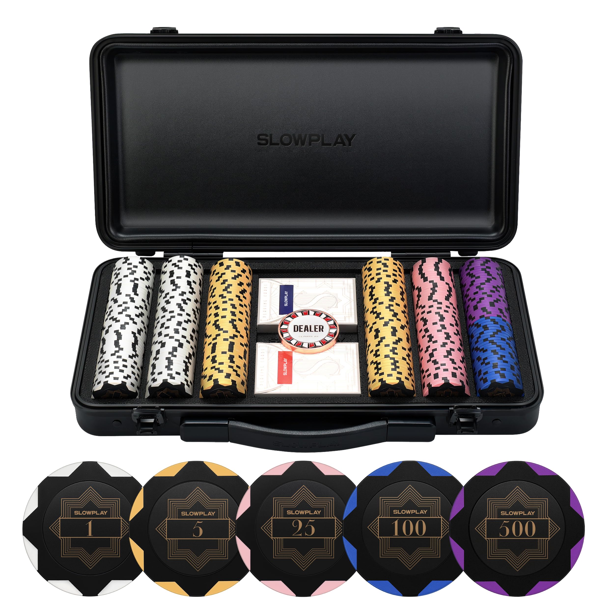 SLOWPLAY Nash 14g Clay Poker Chips Set - 300/500 PCS Texas Hold'em Poker Chips with Premium German Polycarbonate Case | Durable Casino Style Chips for Home Games, Poker Nights & Tournaments | Perfect Gift for Poker Players & Card Game Enthusiasts