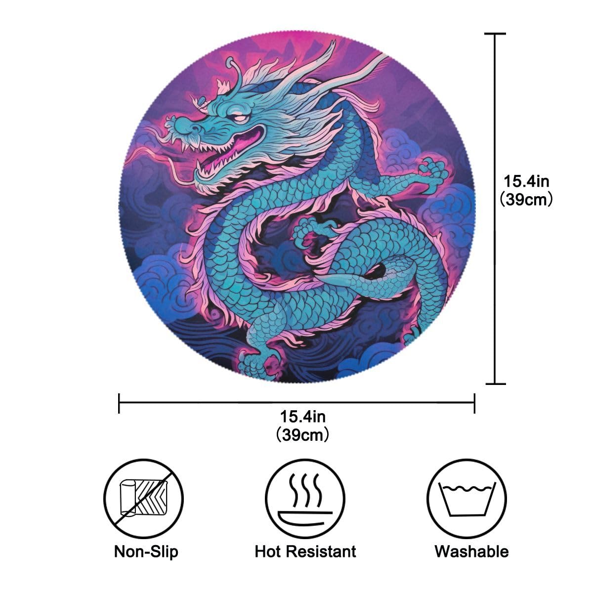 Premium Round Washable Placemats Set of 4 - Chinese Dragon Design Polyester Table Mats for Dining & Kitchen Decor | Perfect for Holiday Dinners, Family Gatherings & Restaurant Use