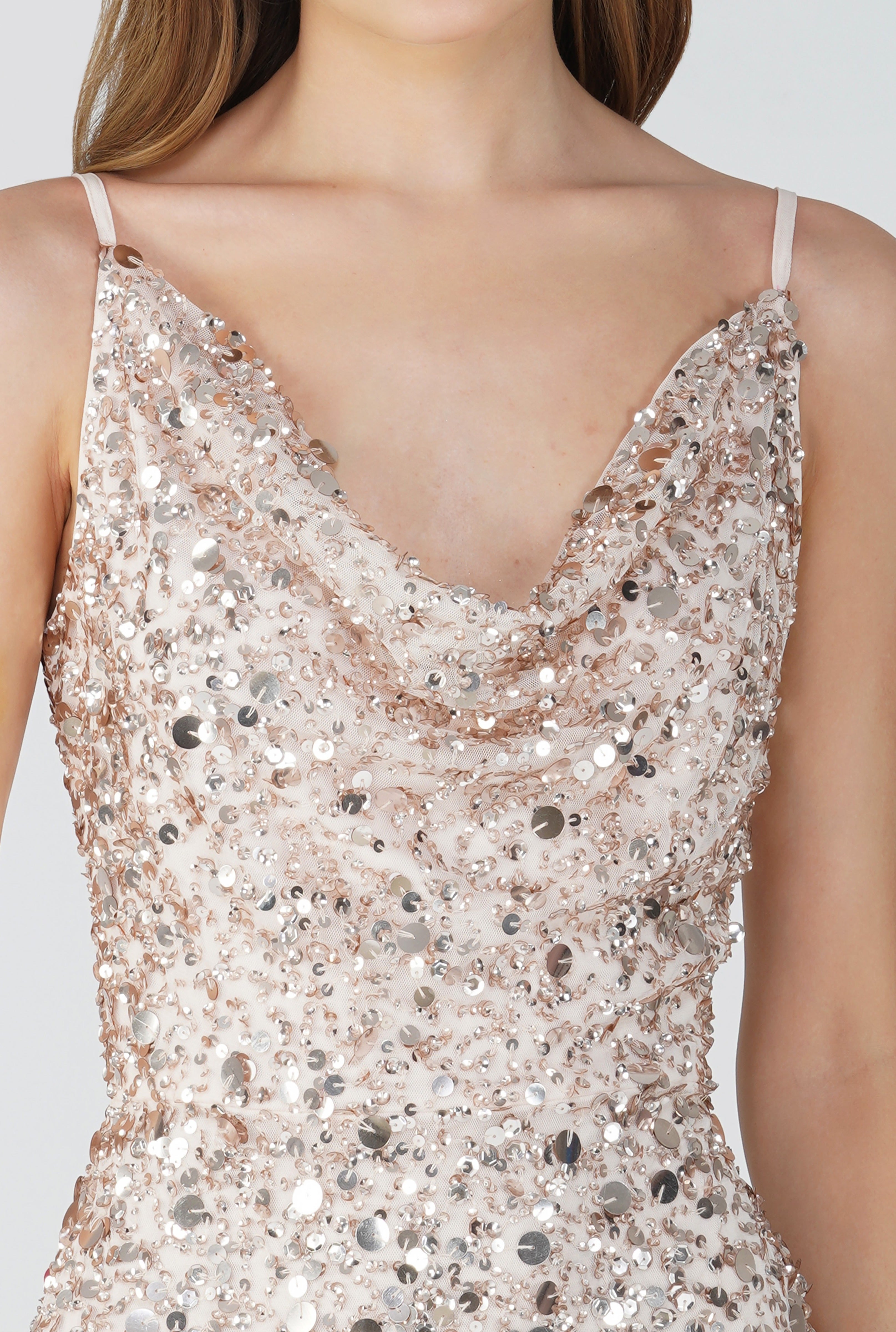Marita Embellished Midi Dress in Rose Gold - Elegant Women's Party Cocktail Dress for Weddings, Evening Events & Special Occasions