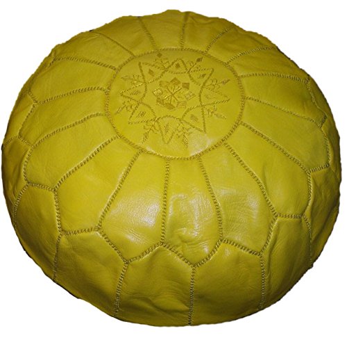 Handmade Genuine Leather Moroccan Pouf Ottoman Footrest - 22 Inch Diameter Unstuffed Yellow - Perfect for Living Room, Bedroom & Boho Home Decor