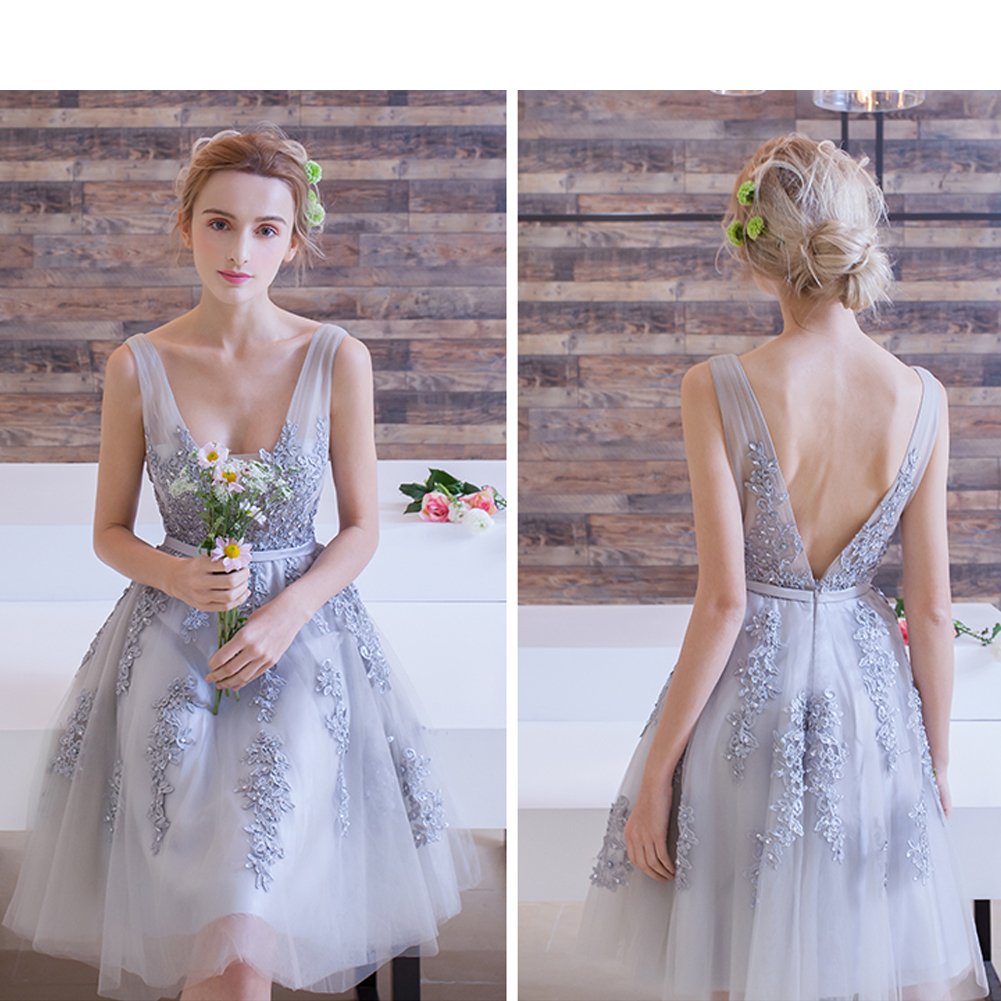 **Elegant Silver Short Knee-Length Sheer Backless Beaded Lace Prom Dress for Women – Perfect for Bridesmaids, Evening Parties & Special Occasions**