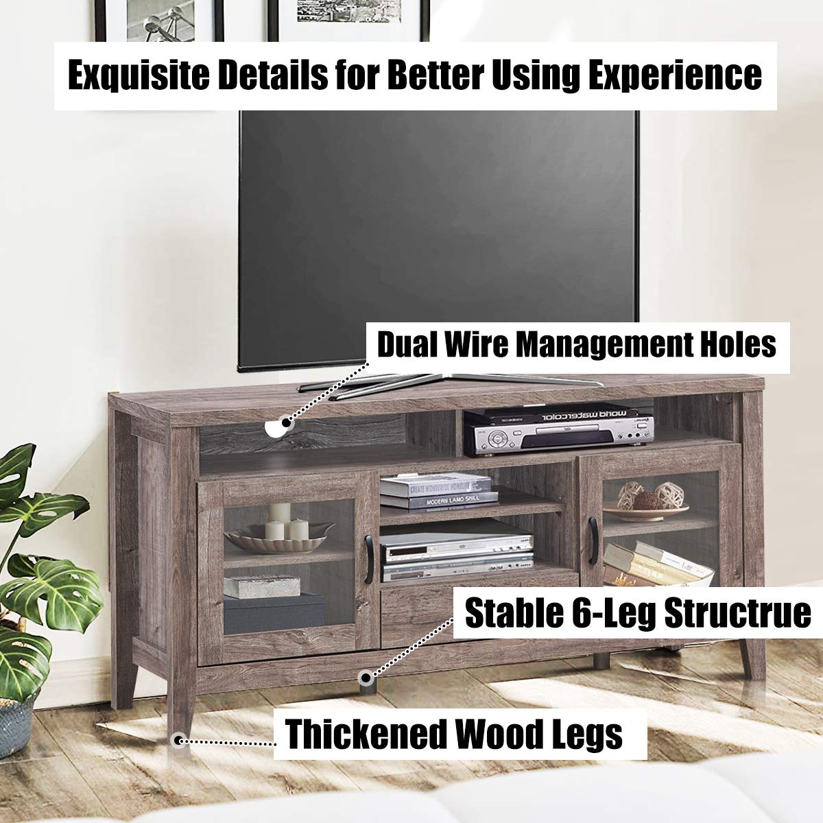 LUARANE 65 Inch TV Stand with Storage - Modern Entertainment Center for Living Room, 4 Open Shelves, 2 Glass Door Cabinets & 1 Drawer, Sturdy 6-Leg Design for TVs up to 65