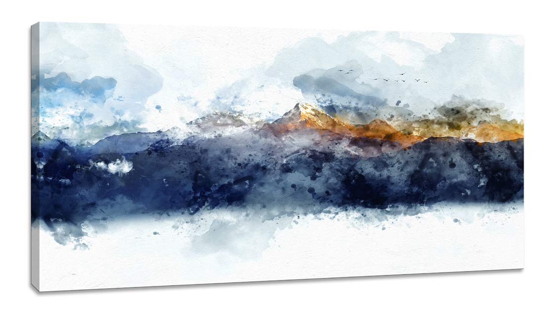 Modern Navy Blue Abstract Mountains Canvas Wall Art - Framed Ready to Hang 24