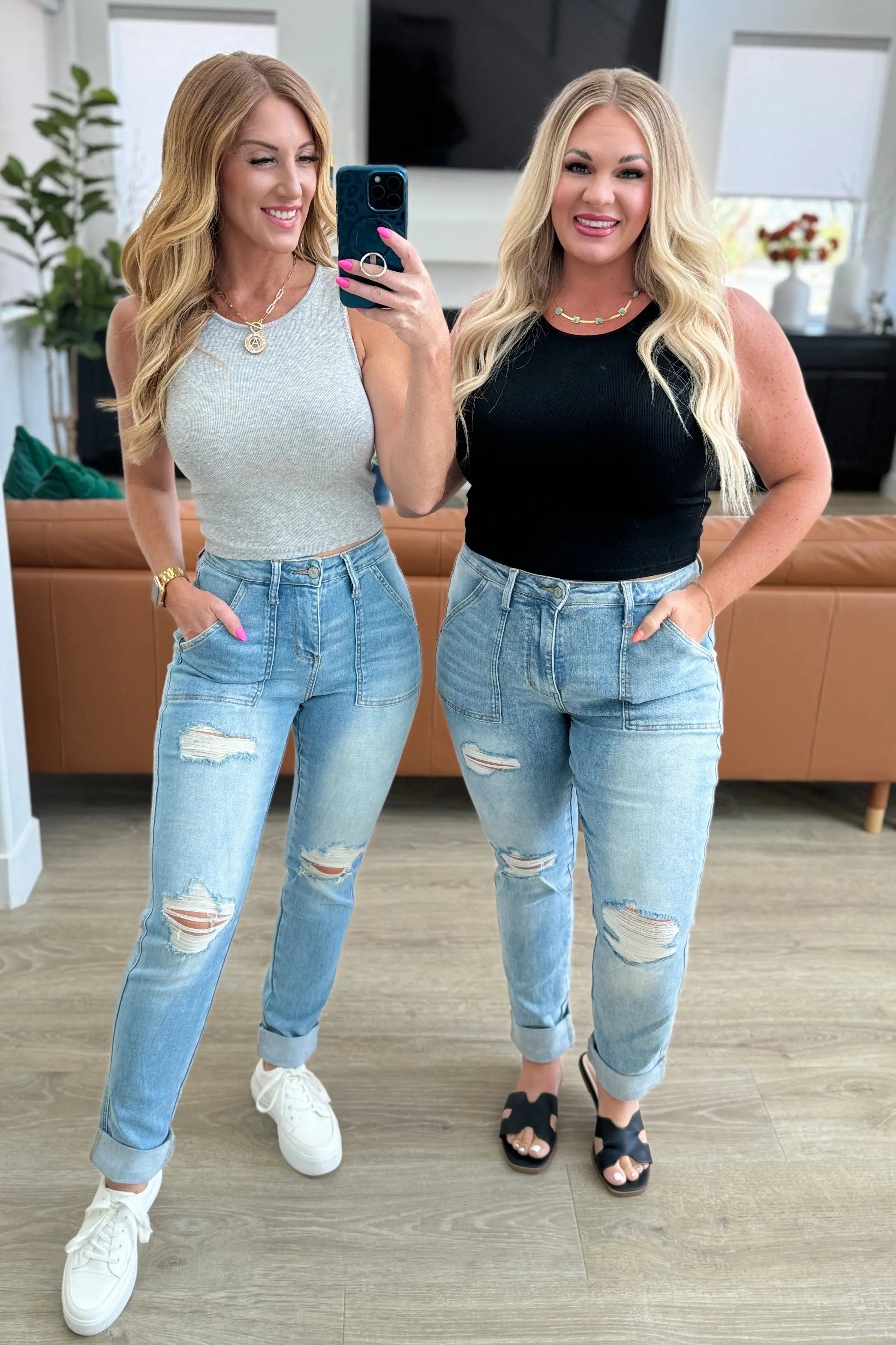 Aiden High Rise Patch Pocket Distressed Boyfriend Jeans for Women - Vintage Denim Pants with Comfortable Stretch - Perfect for Casual Outfits and Streetwear Fashion