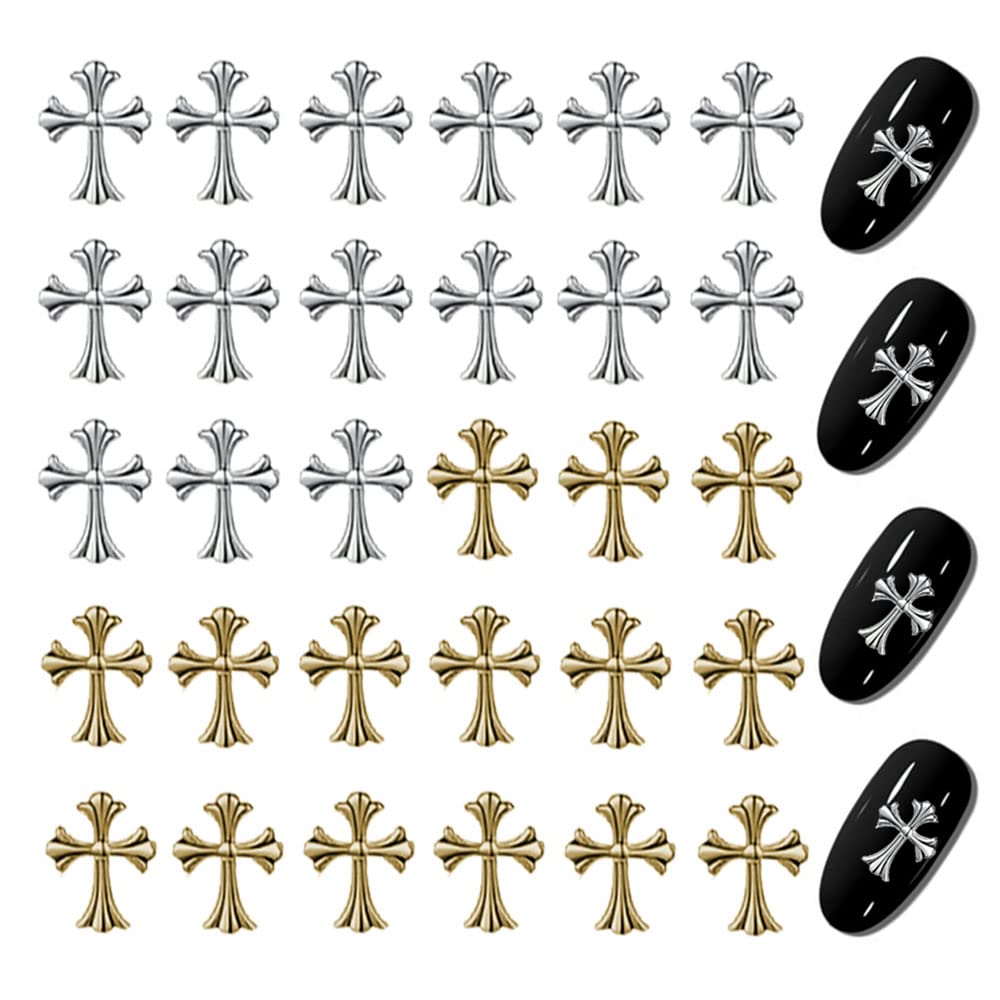 50Pcs 3D Cross Nail Charms - Vintage Metal Punk Nail Art Decorations for Women DIY Nail Design - Retro Gold & Silver Cross Charms - Perfect for Gothic, Punk, and Vintage Nail Art Styles